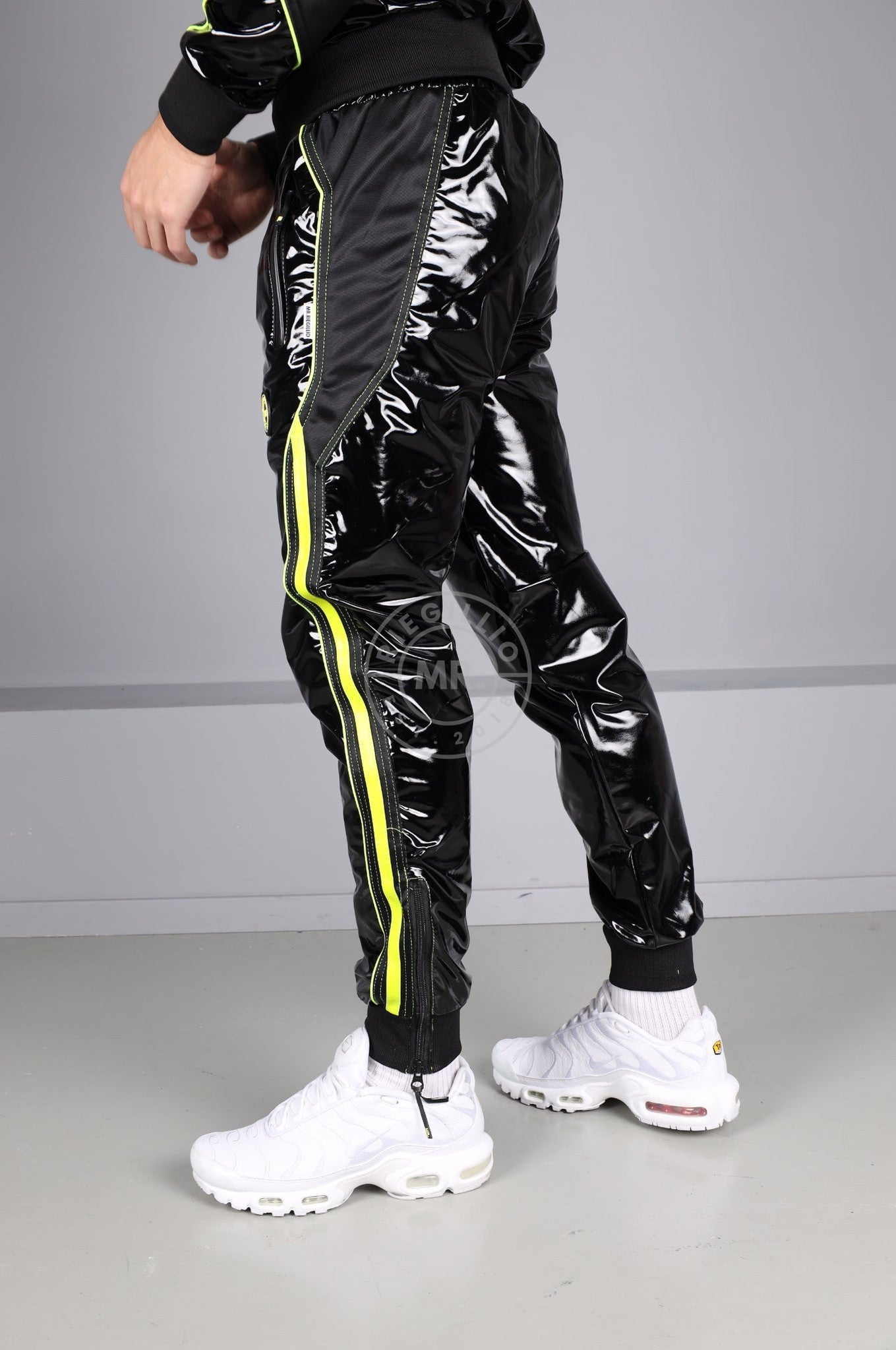 PVC 24 Tracksuit Pants - Black with Neon Piping at MR. Riegillio