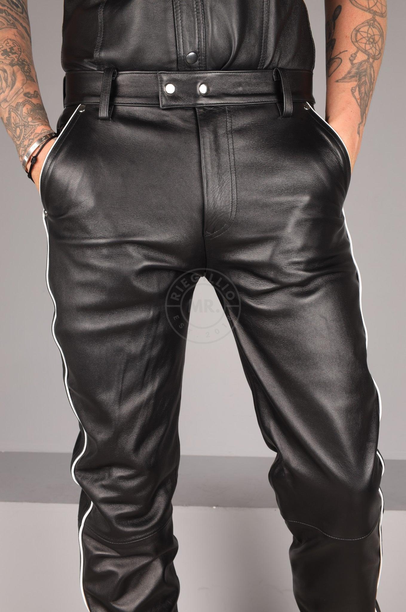Black Leather 5 Pocket Pants - White Piping at MR. Riegillio