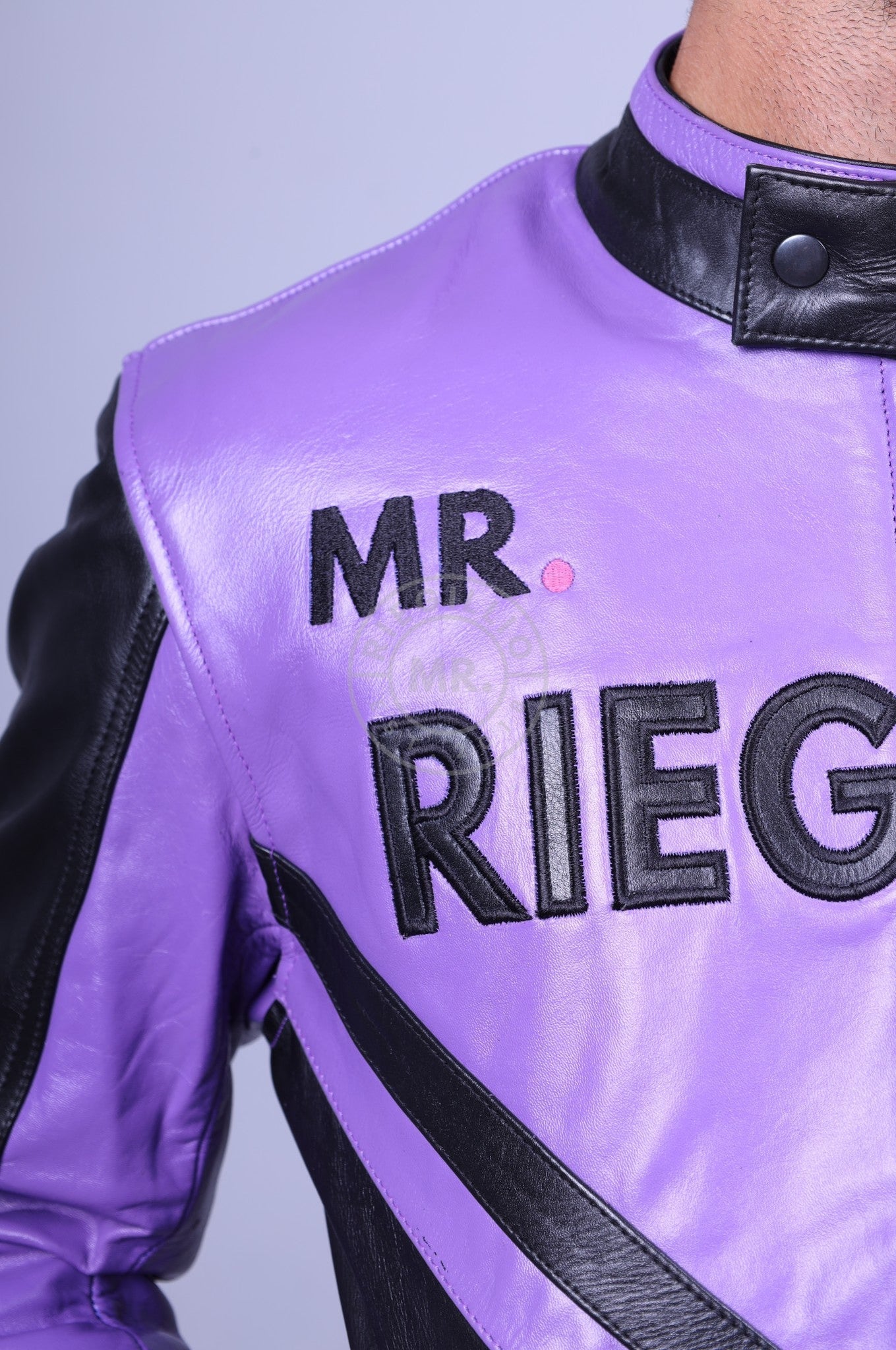 Leather Biker Logo Jacket - Black / Purple *DISCONTINUED ITEM*-at MR. Riegillio