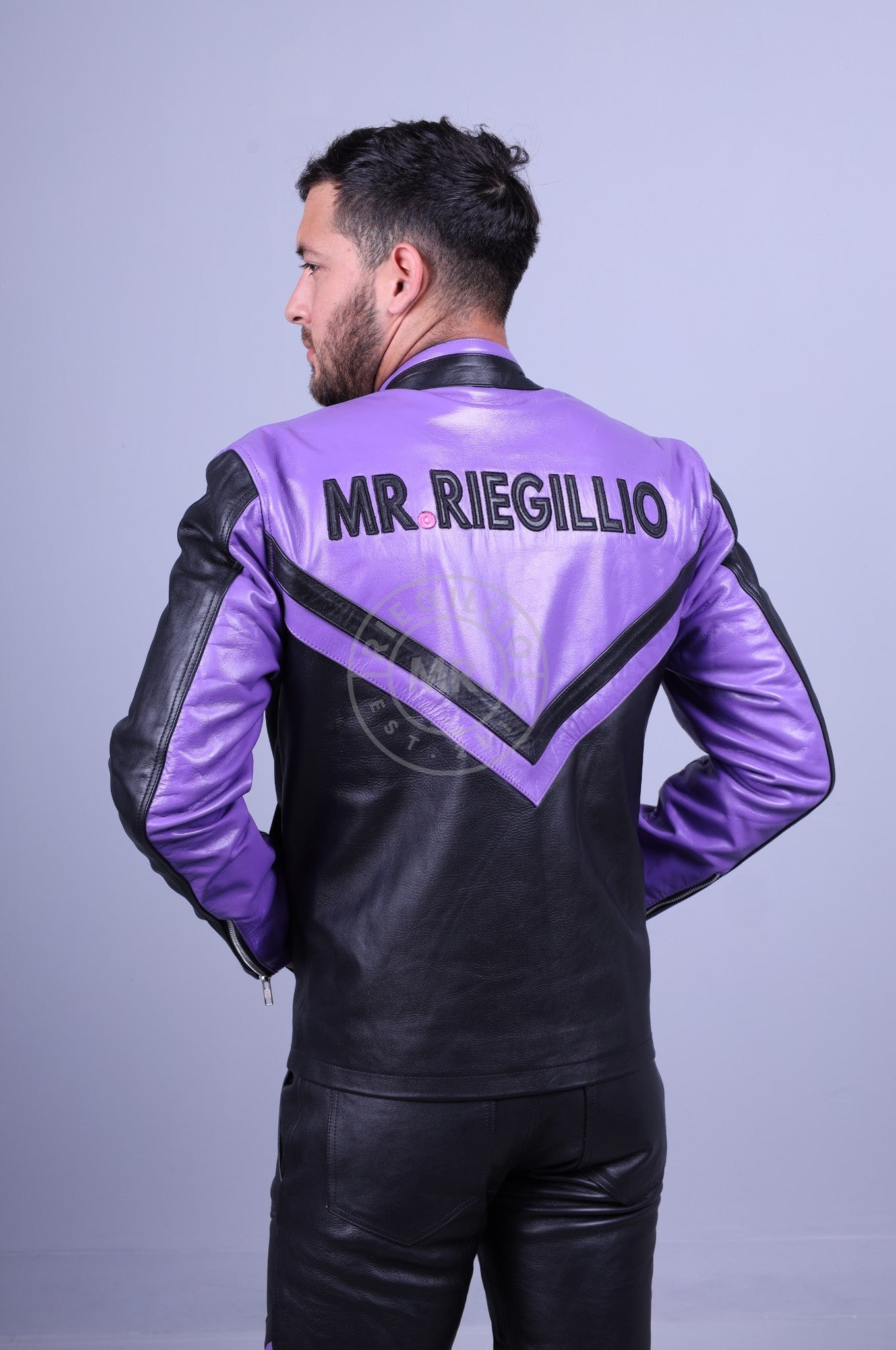 Leather Biker Logo Jacket - Black / Purple *DISCONTINUED ITEM*-at MR. Riegillio