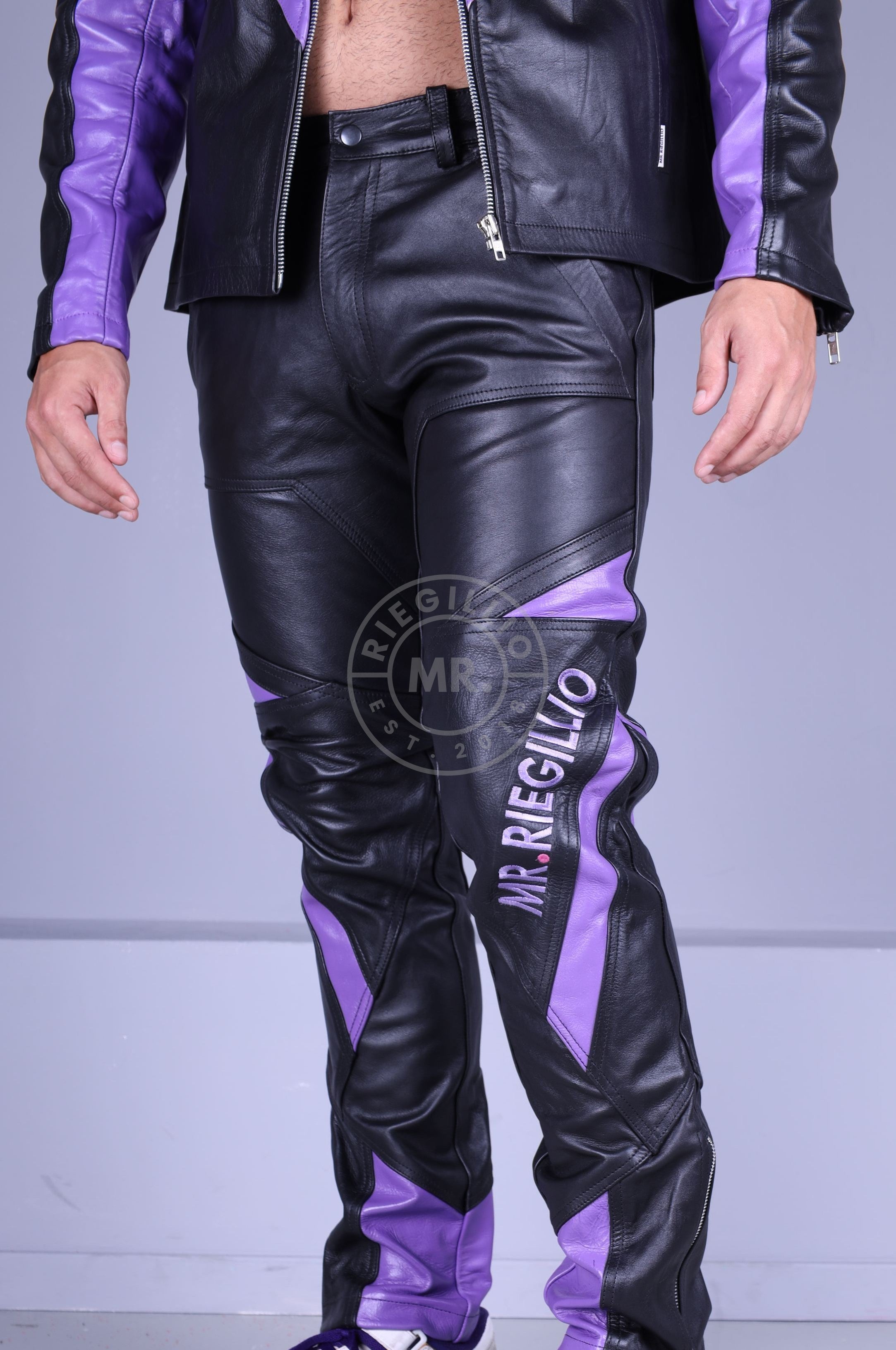 Leather Biker Logo Pants - Black / Purple *DISCONTINUED ITEM*-at MR. Riegillio