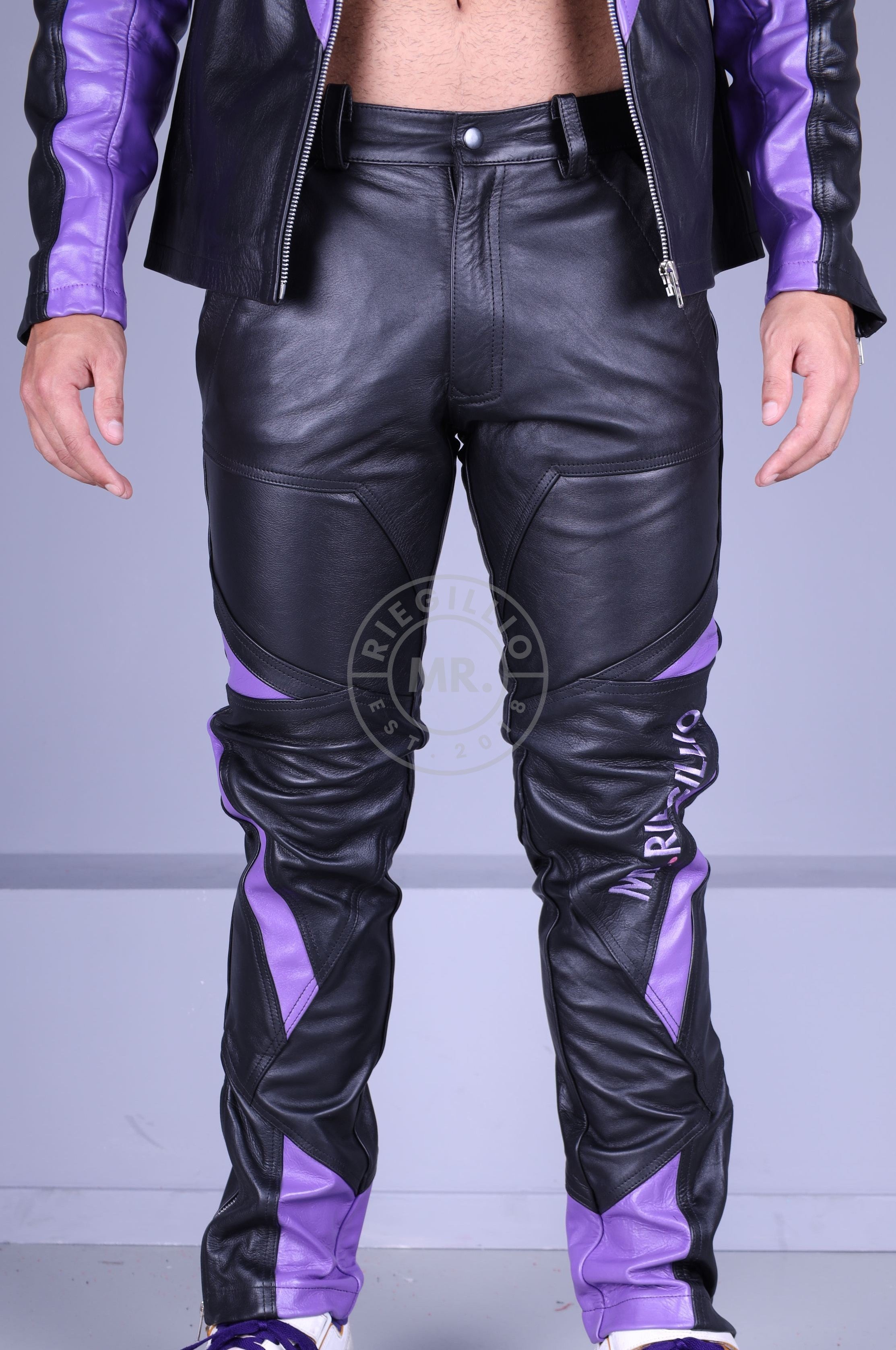 Leather Biker Logo Pants - Black / Purple *DISCONTINUED ITEM*