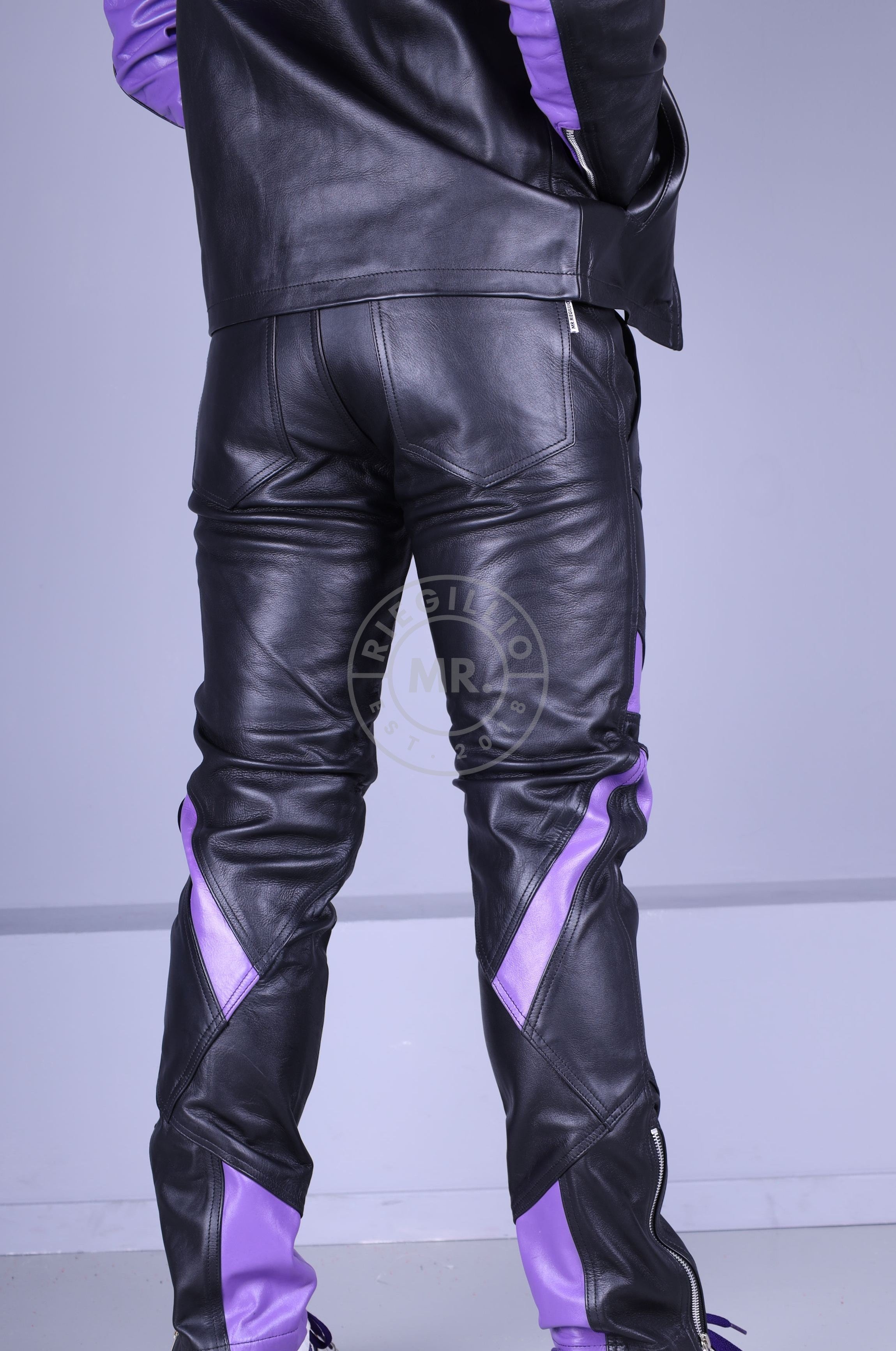 Leather Biker Logo Pants - Black / Purple *DISCONTINUED ITEM* at MR. Riegillio