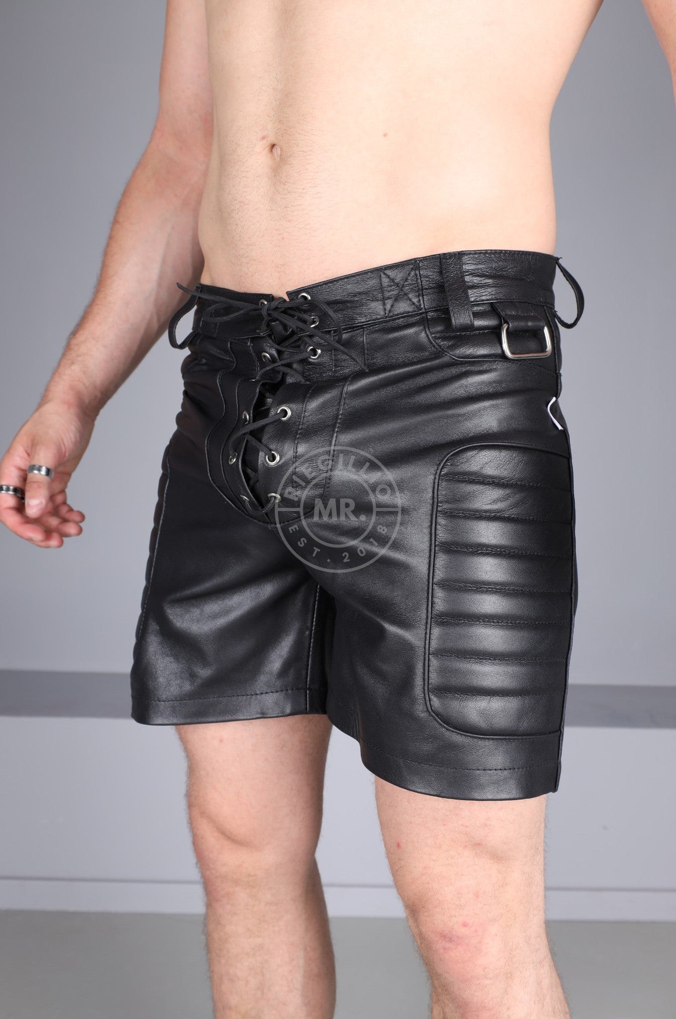 Black Leather Rugby Short by MR. Riegillio