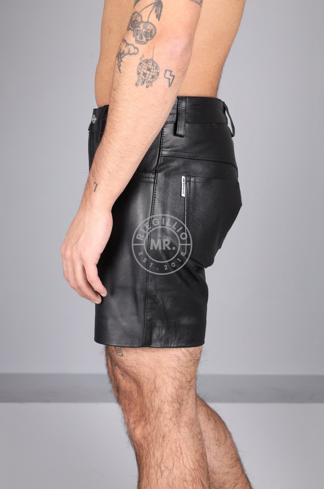 Black Leather 5 Pocket Short at MR. Riegillio