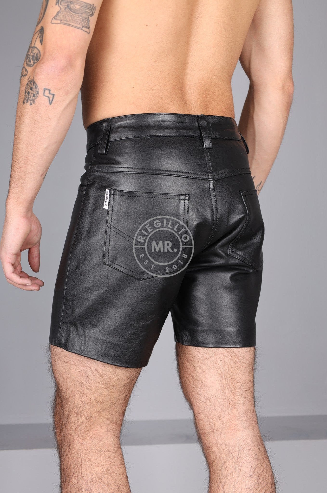 Black Leather 5 Pocket Short at MR. Riegillio