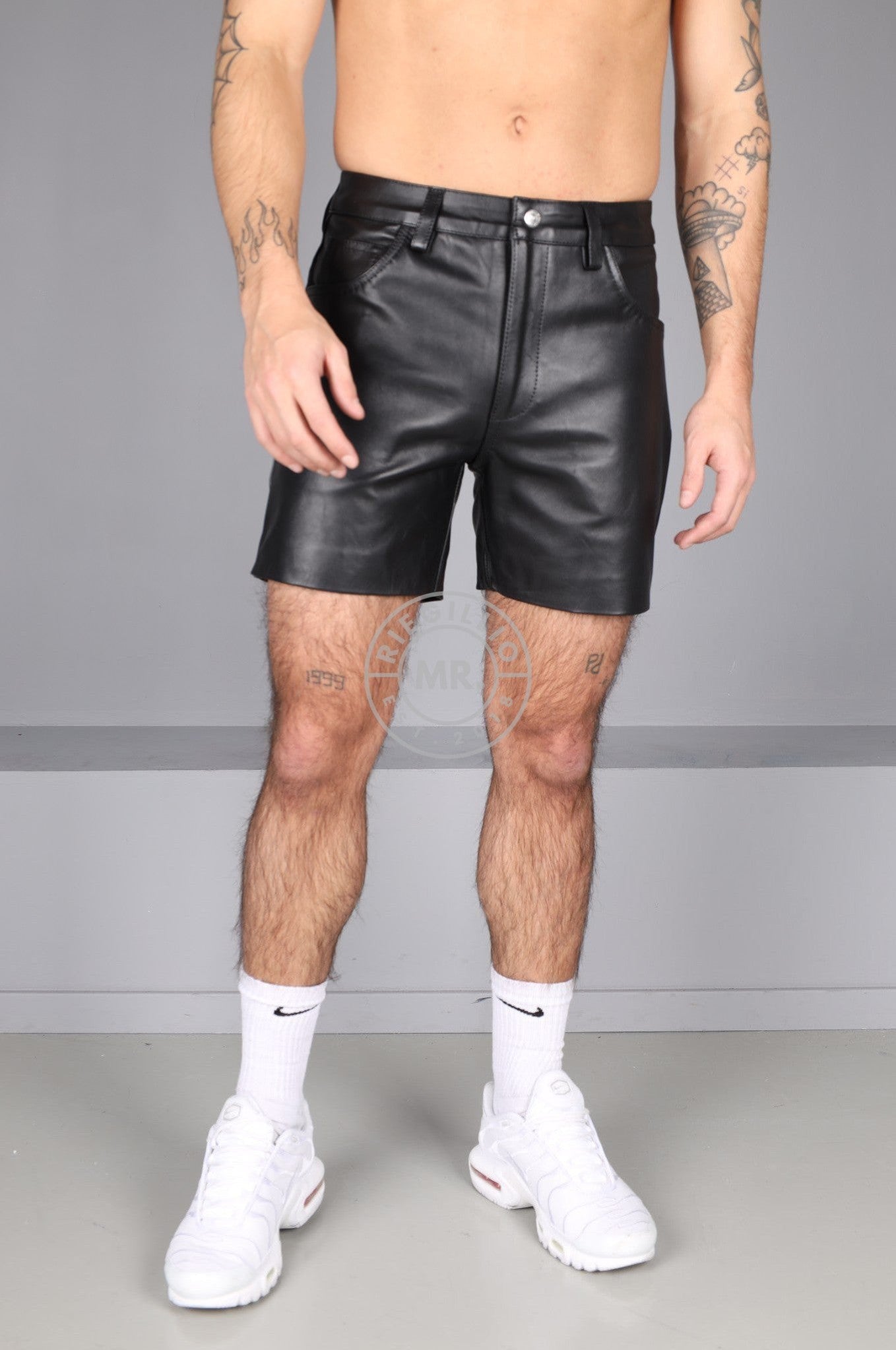 Black Leather 5 Pocket Short at MR. Riegillio