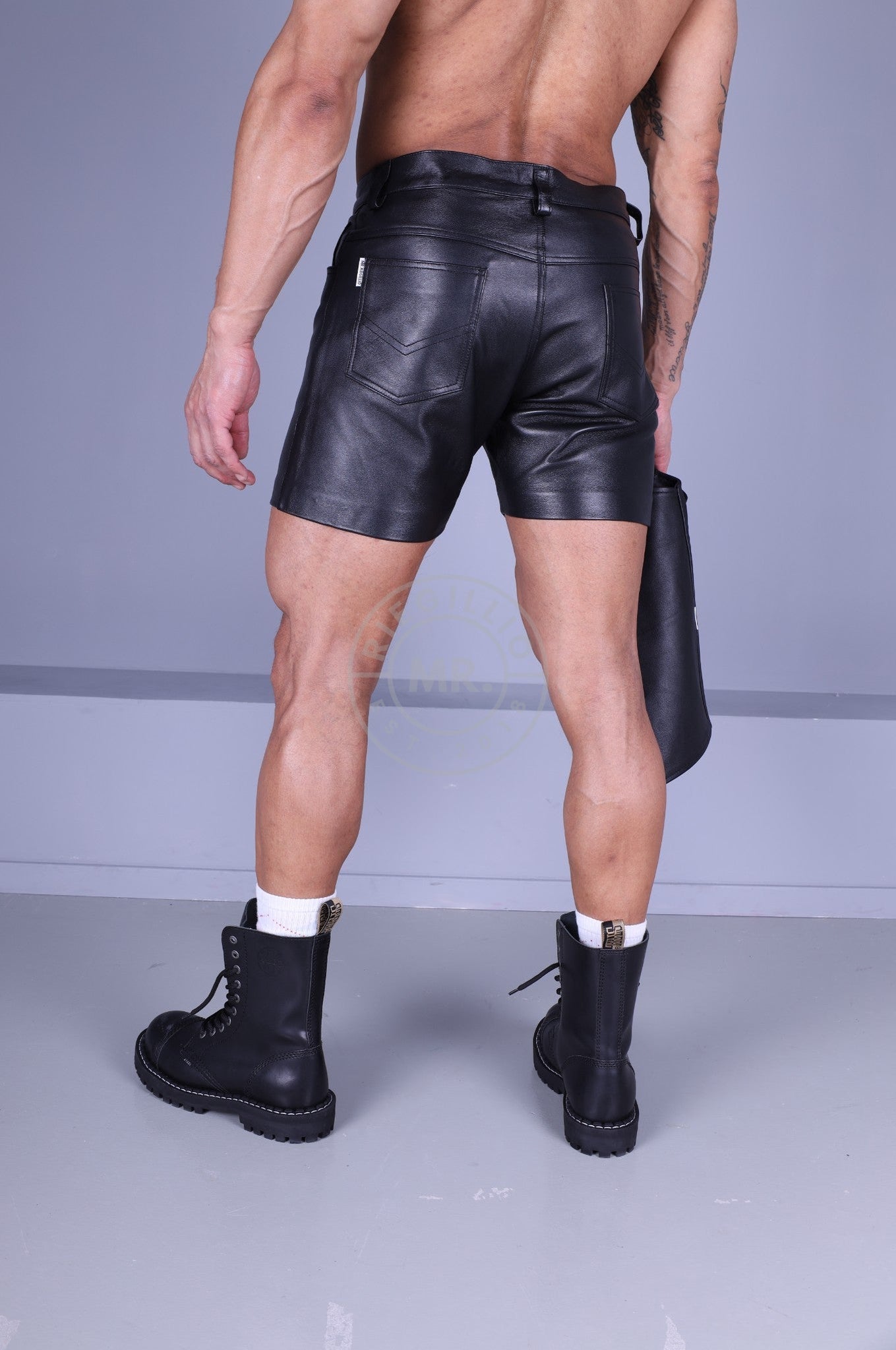 Black Leather 5 Pocket Short at MR. Riegillio