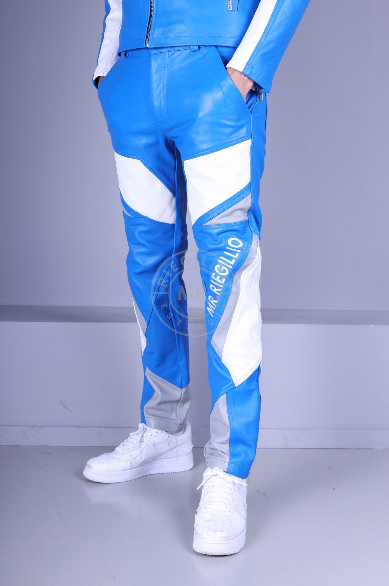 Leather Biker Logo Pants - Blue / White  *DISCONTINUED ITEM*