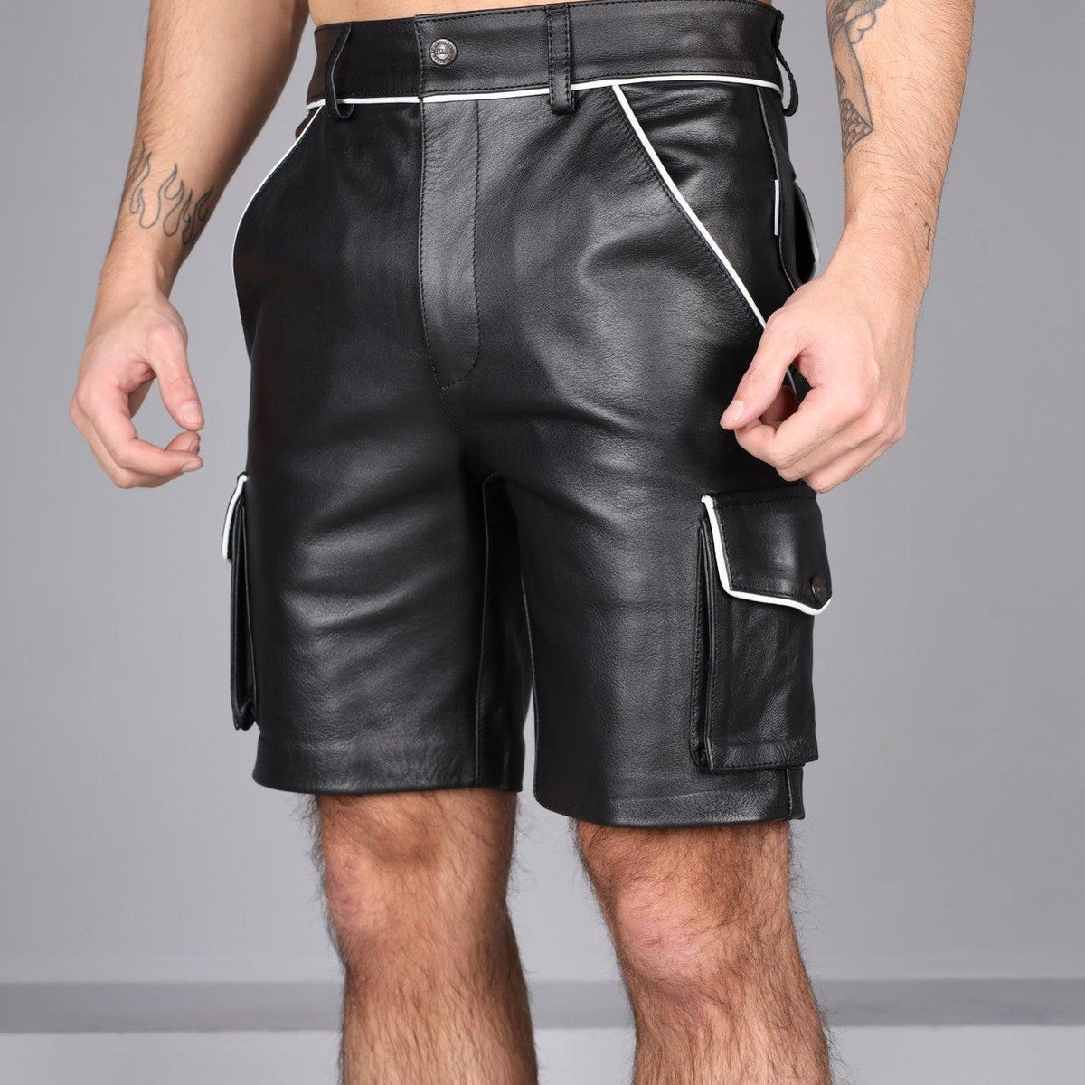 Black Leather Cargo Short - White Piping MR. Riegillio