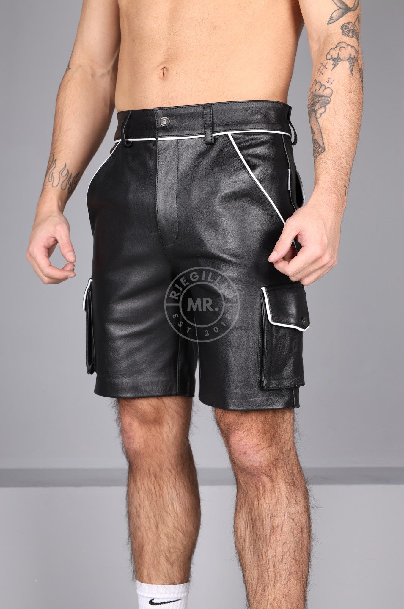 Black Leather Cargo Short - White Piping at MR. Riegillio