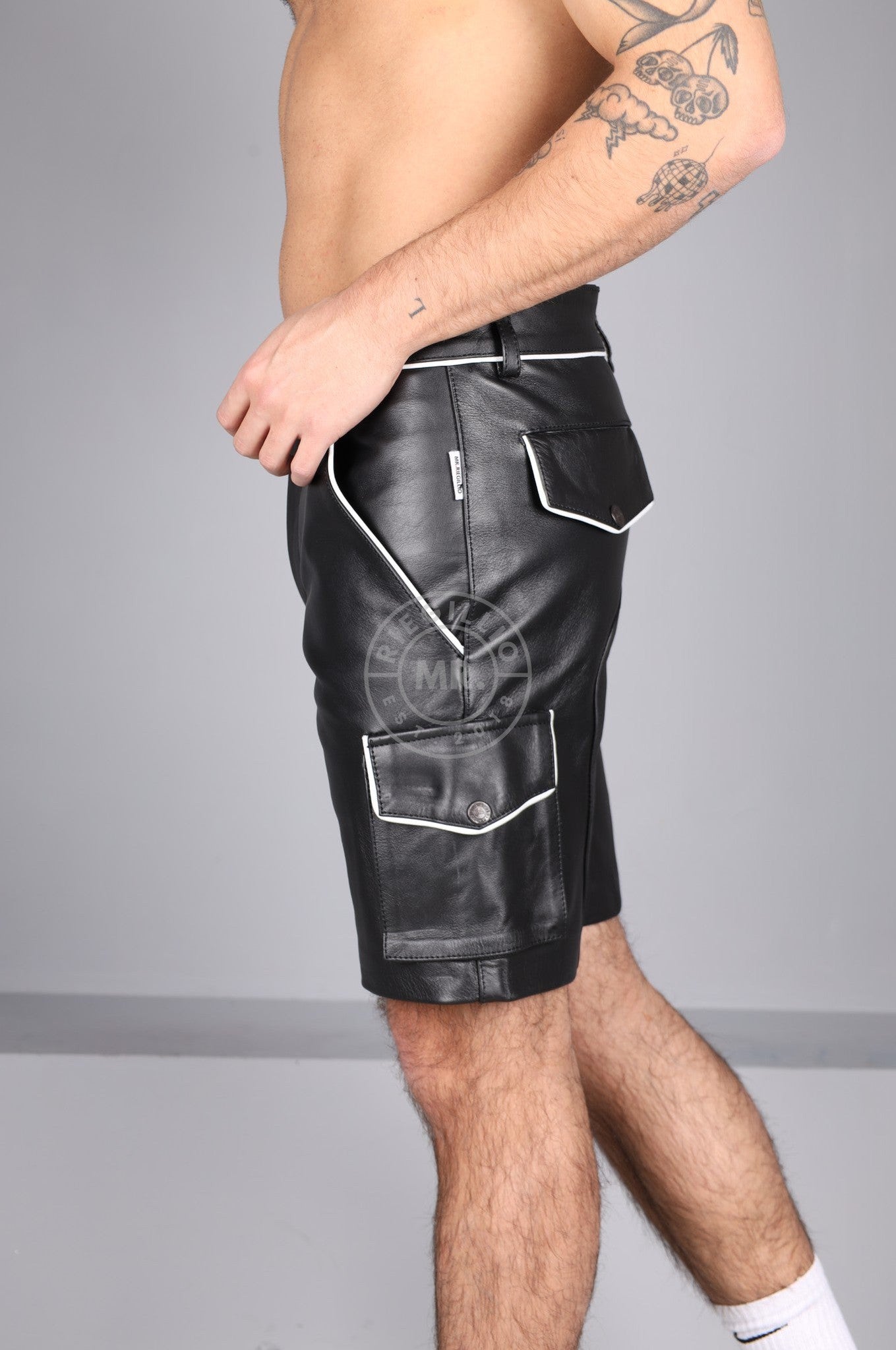 Black Leather Cargo Short - White Piping at MR. Riegillio