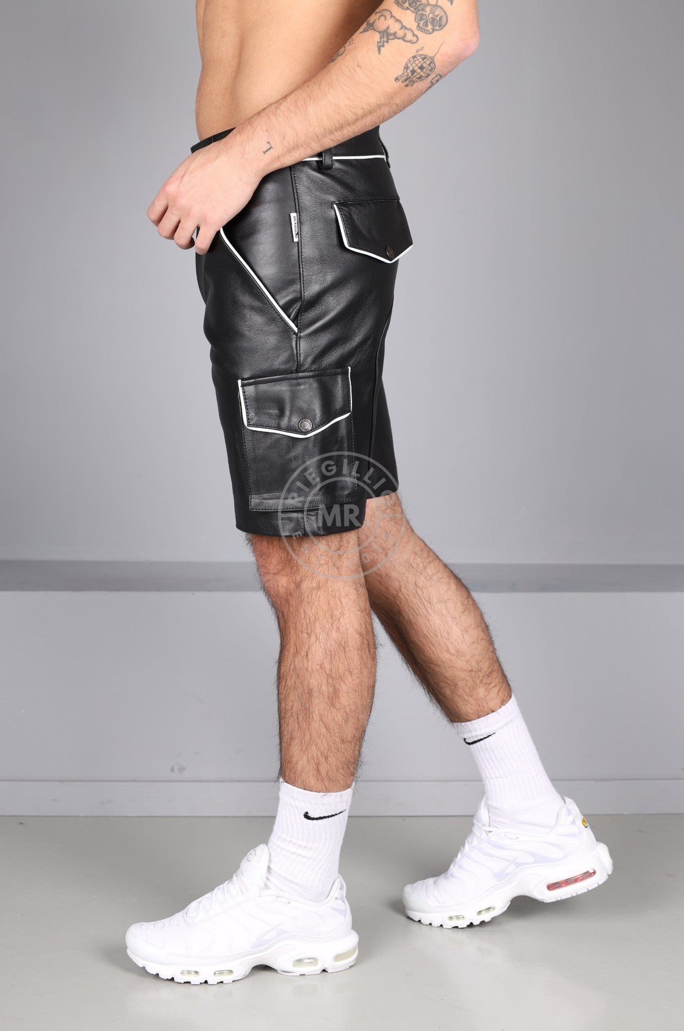 Black Leather Cargo Short - White Piping at MR. Riegillio