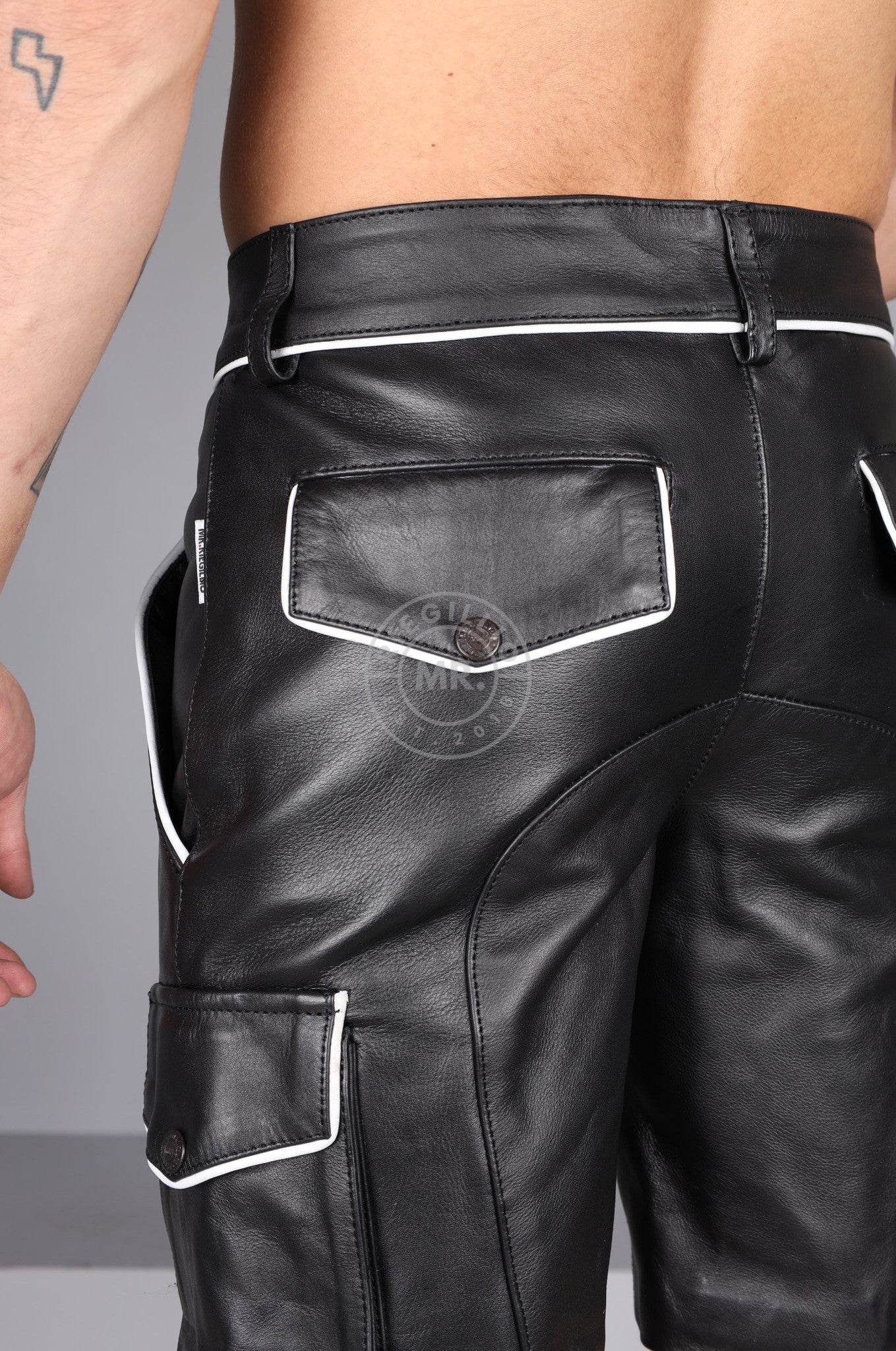 Black Leather Cargo Short - White Piping at MR. Riegillio