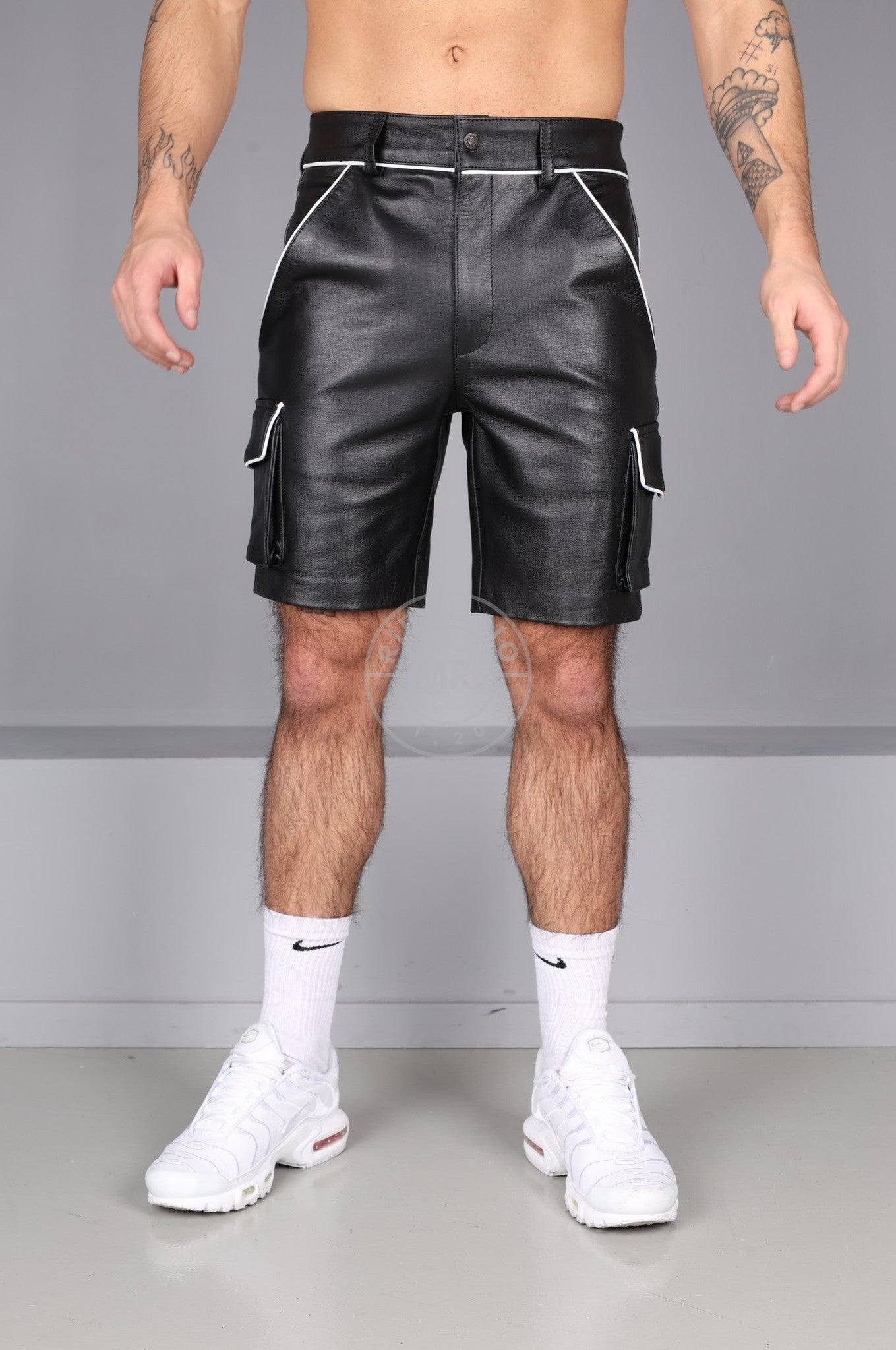 Black Leather Cargo Short - White Piping at MR. Riegillio