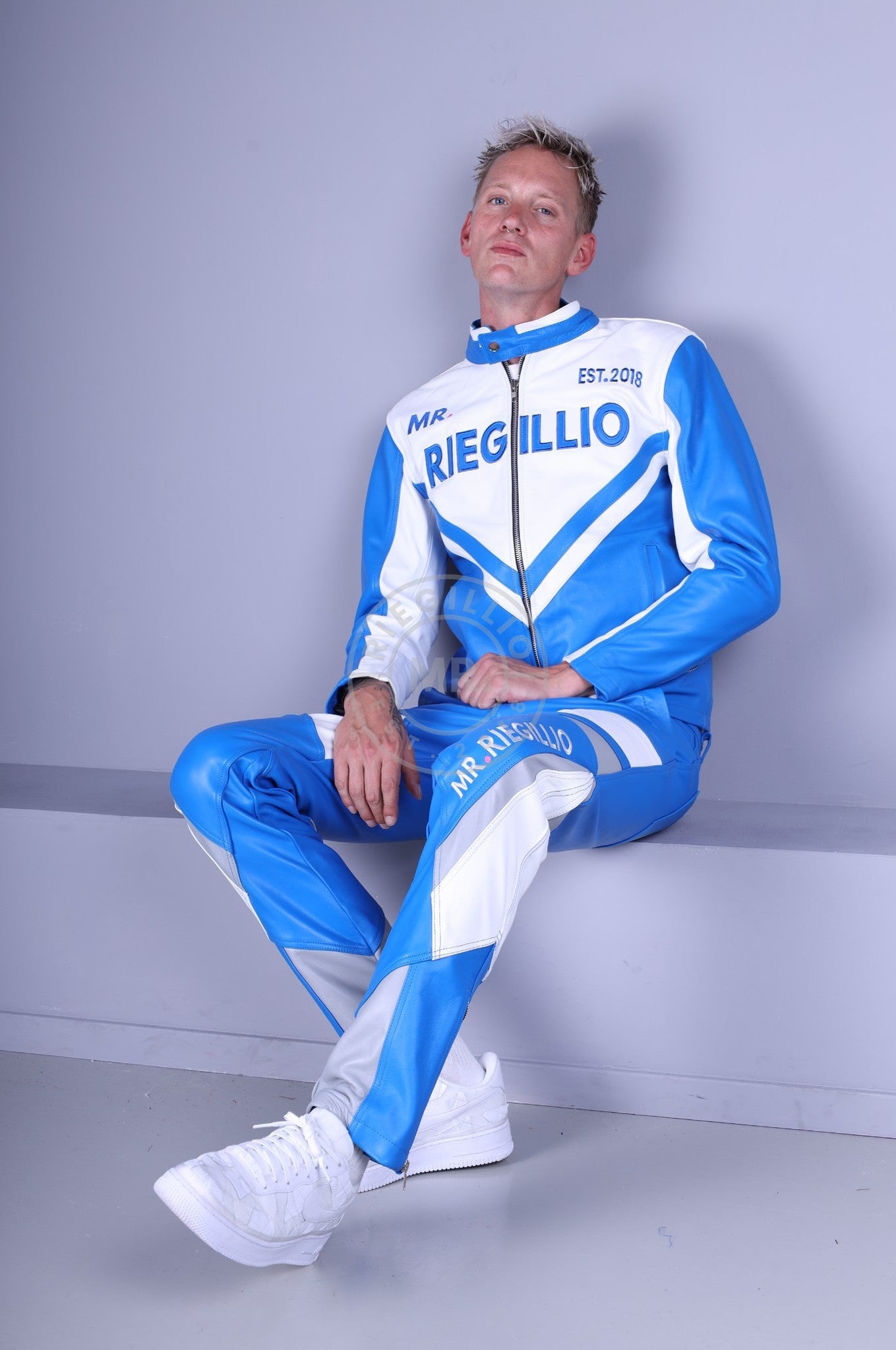 Leather Biker Logo Pants - Blue / White *DISCONTINUED ITEM* at MR. Riegillio