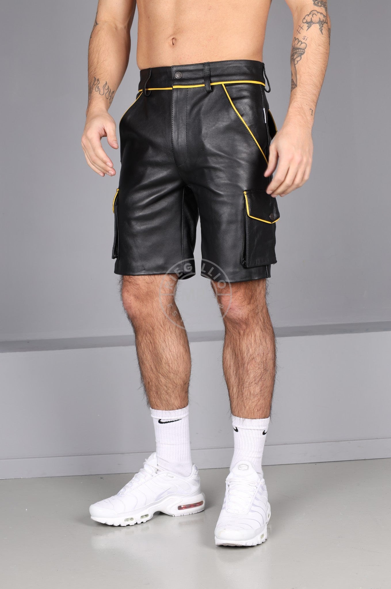 Black Leather Cargo Short - Yellow Piping at MR. Riegillio