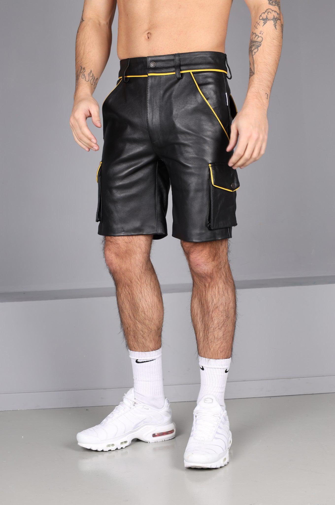 Black Leather Cargo Short - Yellow Piping at MR. Riegillio