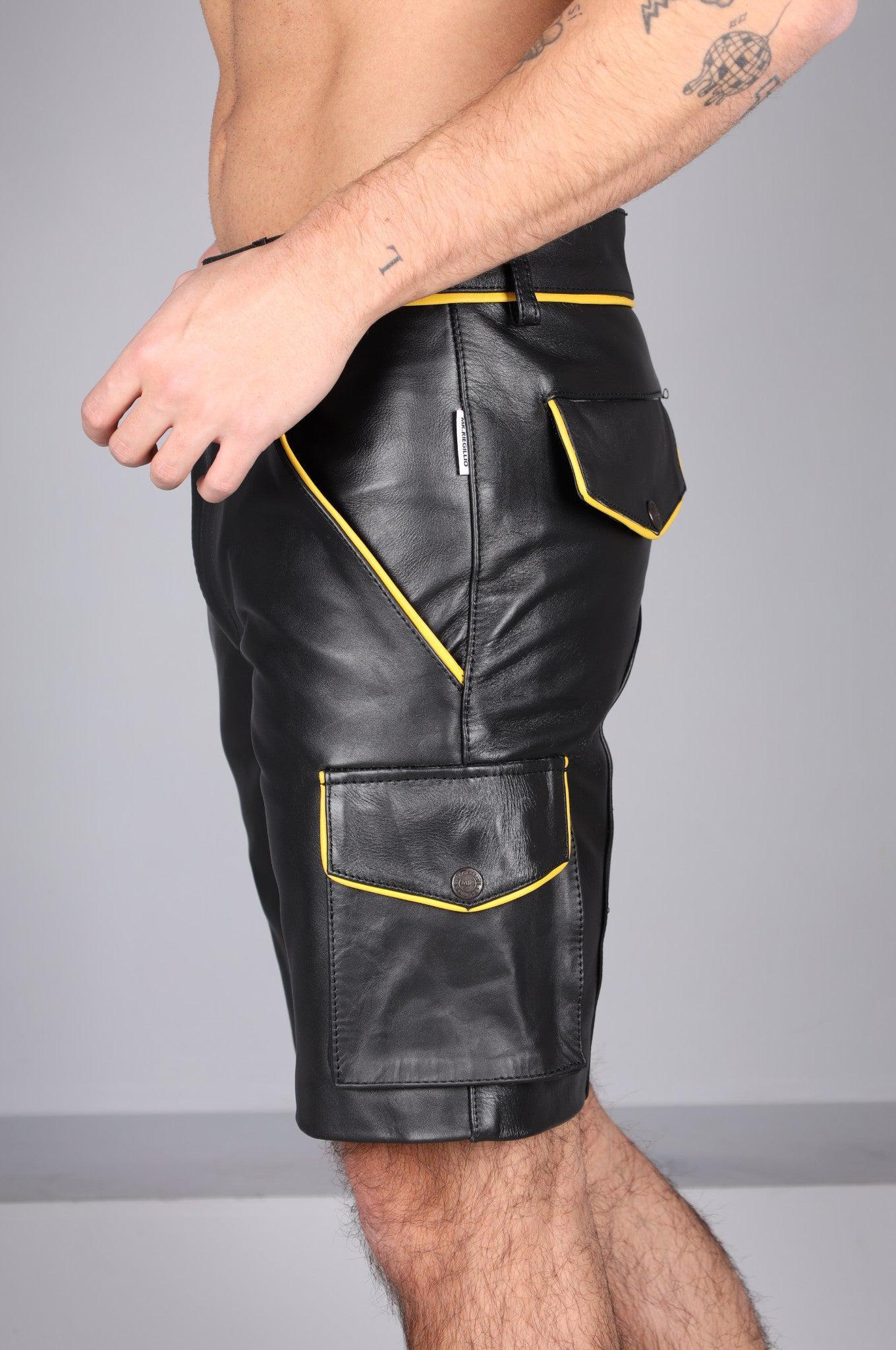 Black Leather Cargo Short - Yellow Piping at MR. Riegillio