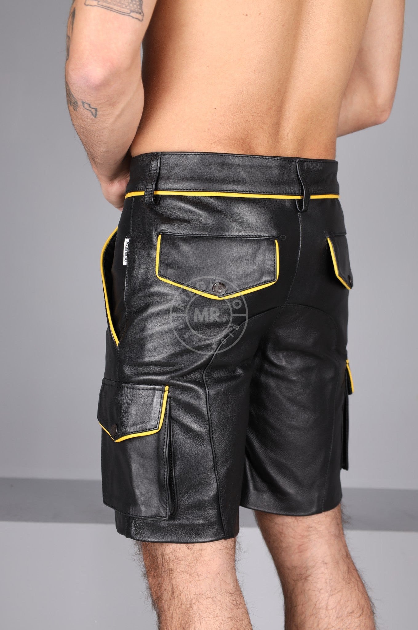 Black Leather Cargo Short - Yellow Piping at MR. Riegillio