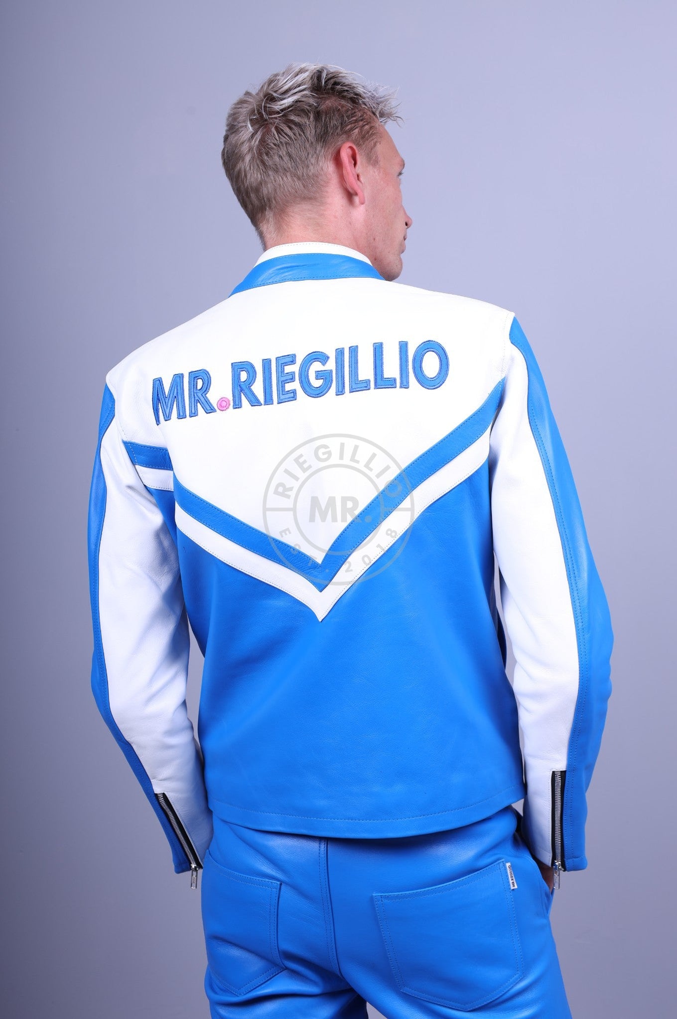 Leather Biker Logo Jacket - Blue / White *DISCONTINUED ITEM*-at MR. Riegillio