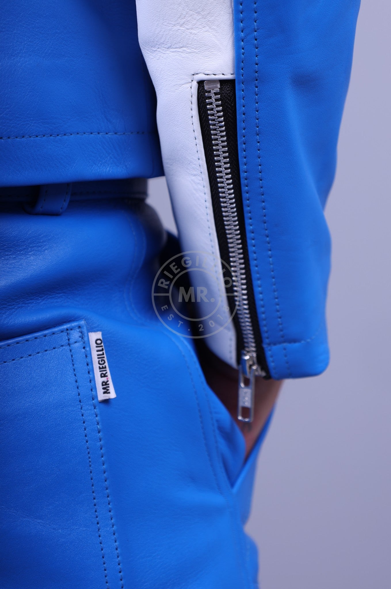 Leather Biker Logo Jacket - Blue / White *DISCONTINUED ITEM* at MR. Riegillio