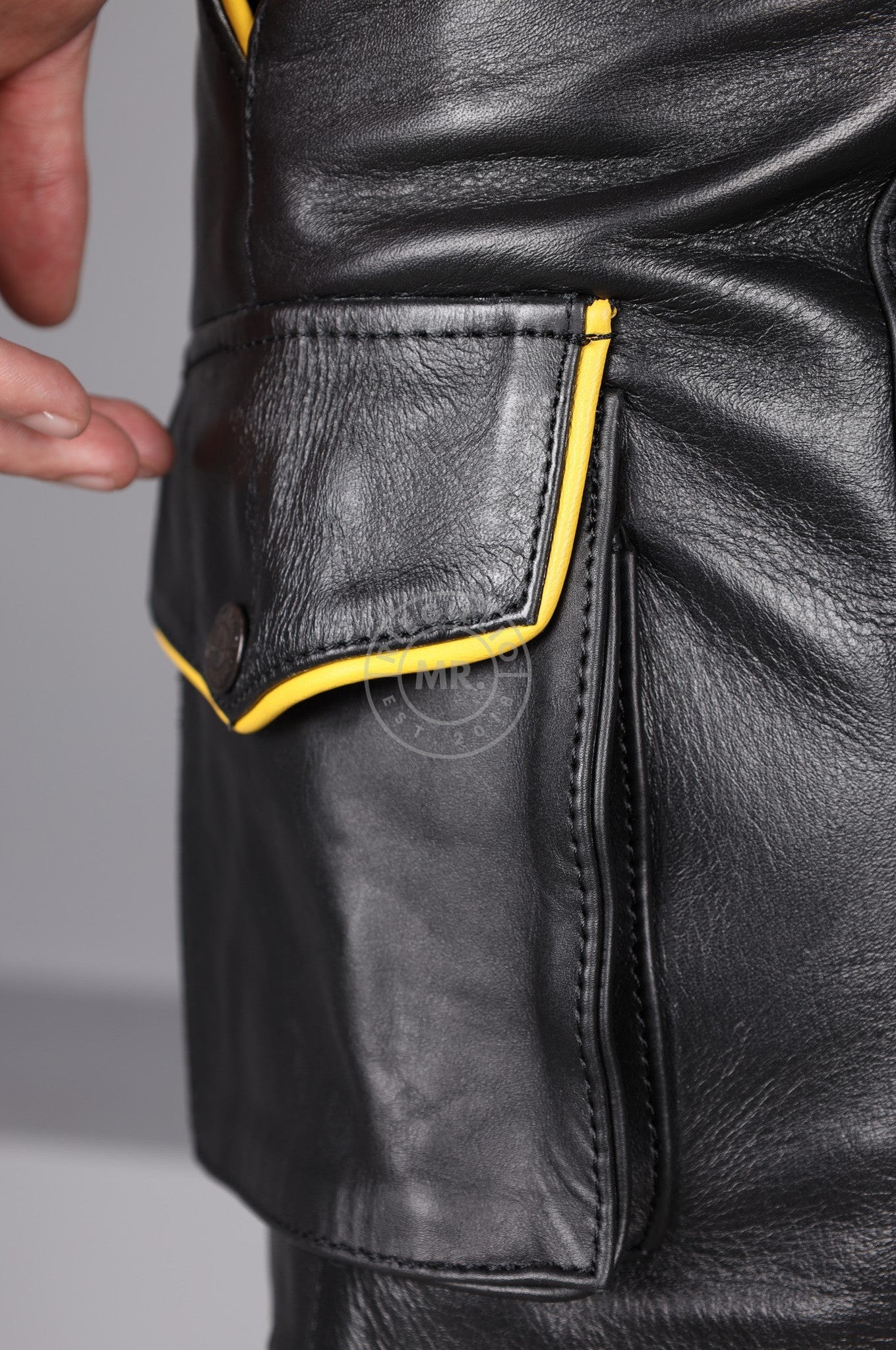 Black Leather Cargo Short - Yellow Piping at MR. Riegillio