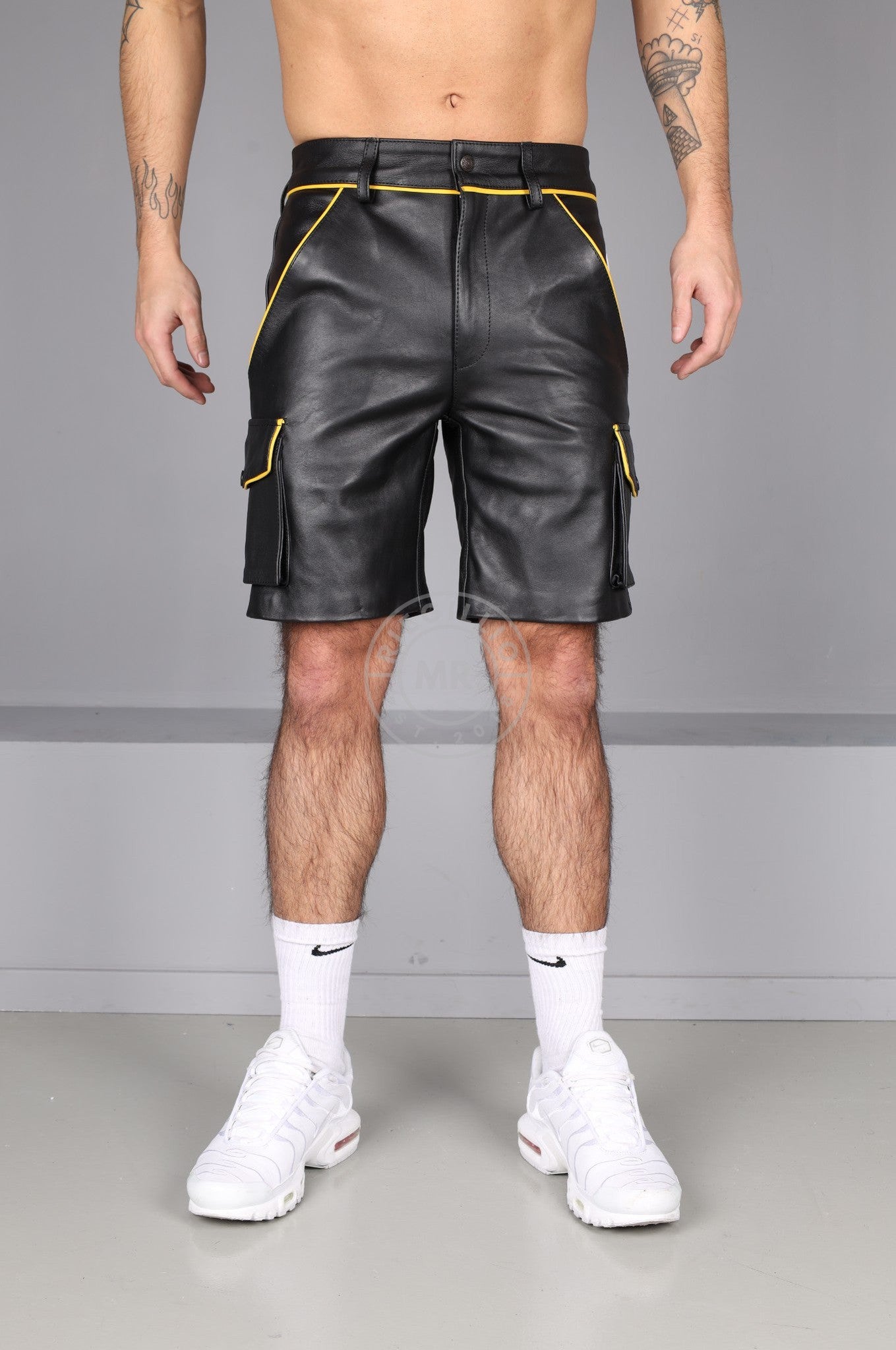 Black Leather Cargo Short - Yellow Piping at MR. Riegillio