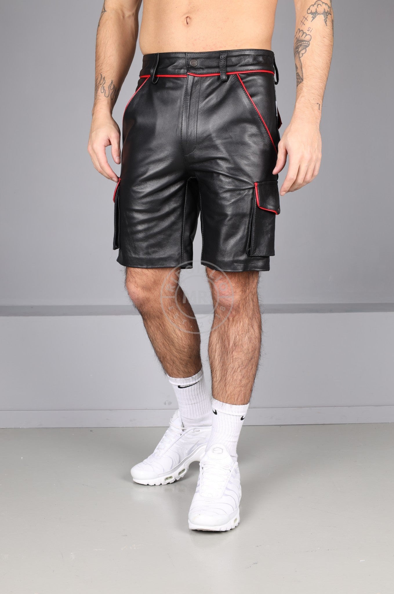 Black Leather Cargo Short - Red Piping at MR. Riegillio