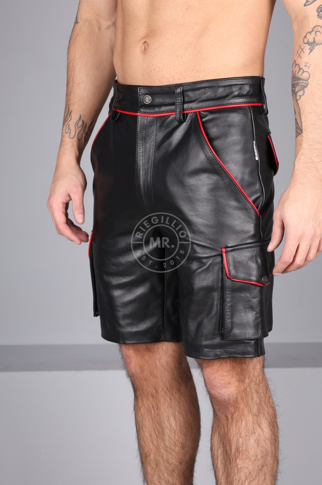 Black Leather Cargo Short - Red Piping at MR. Riegillio