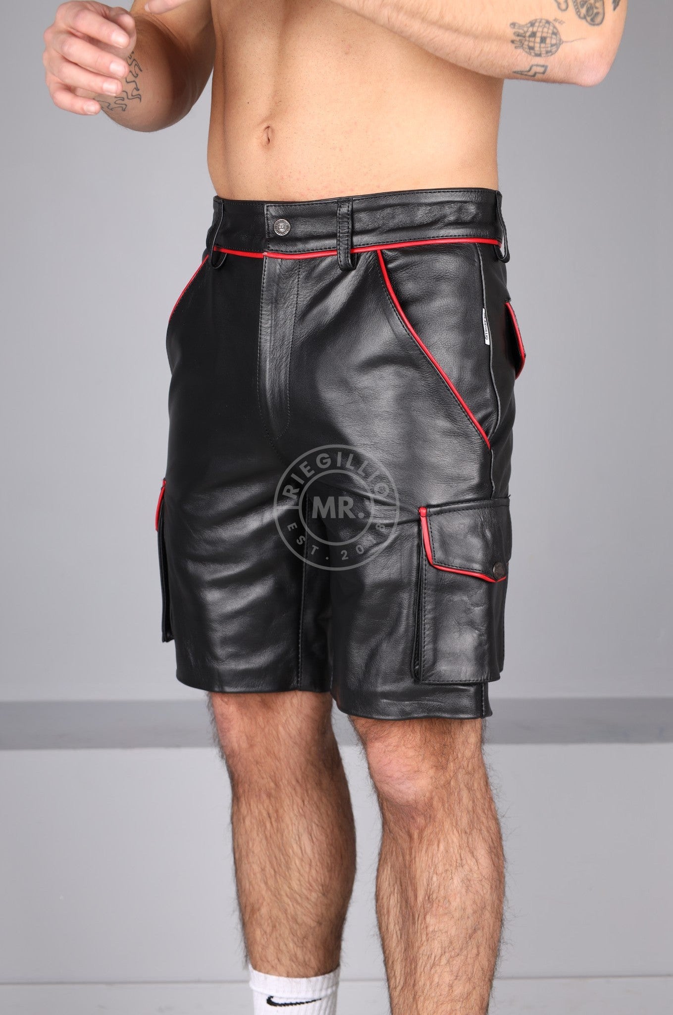 Black Leather Cargo Short - Red Piping at MR. Riegillio