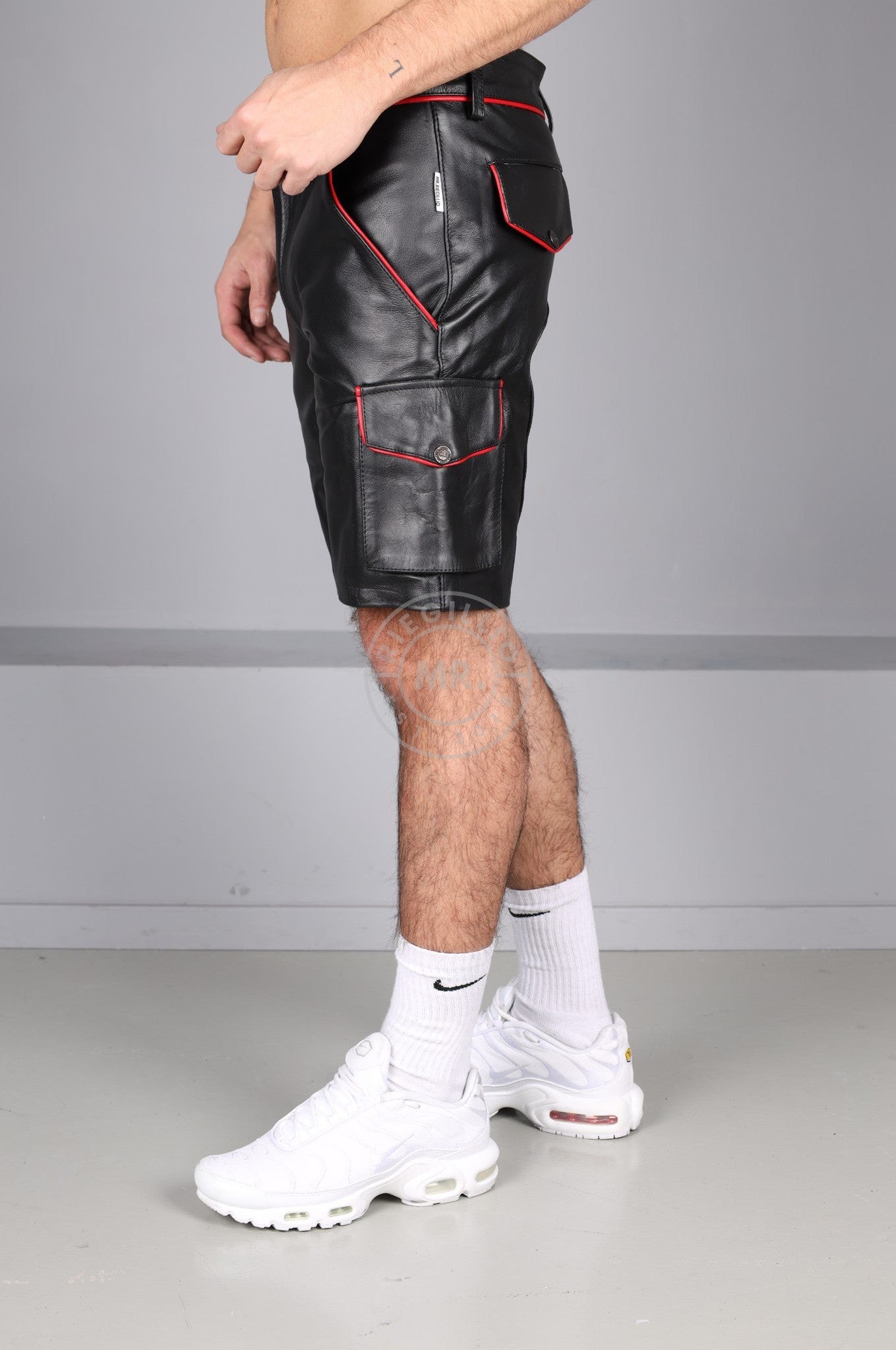 Black Leather Cargo Short - Red Piping at MR. Riegillio