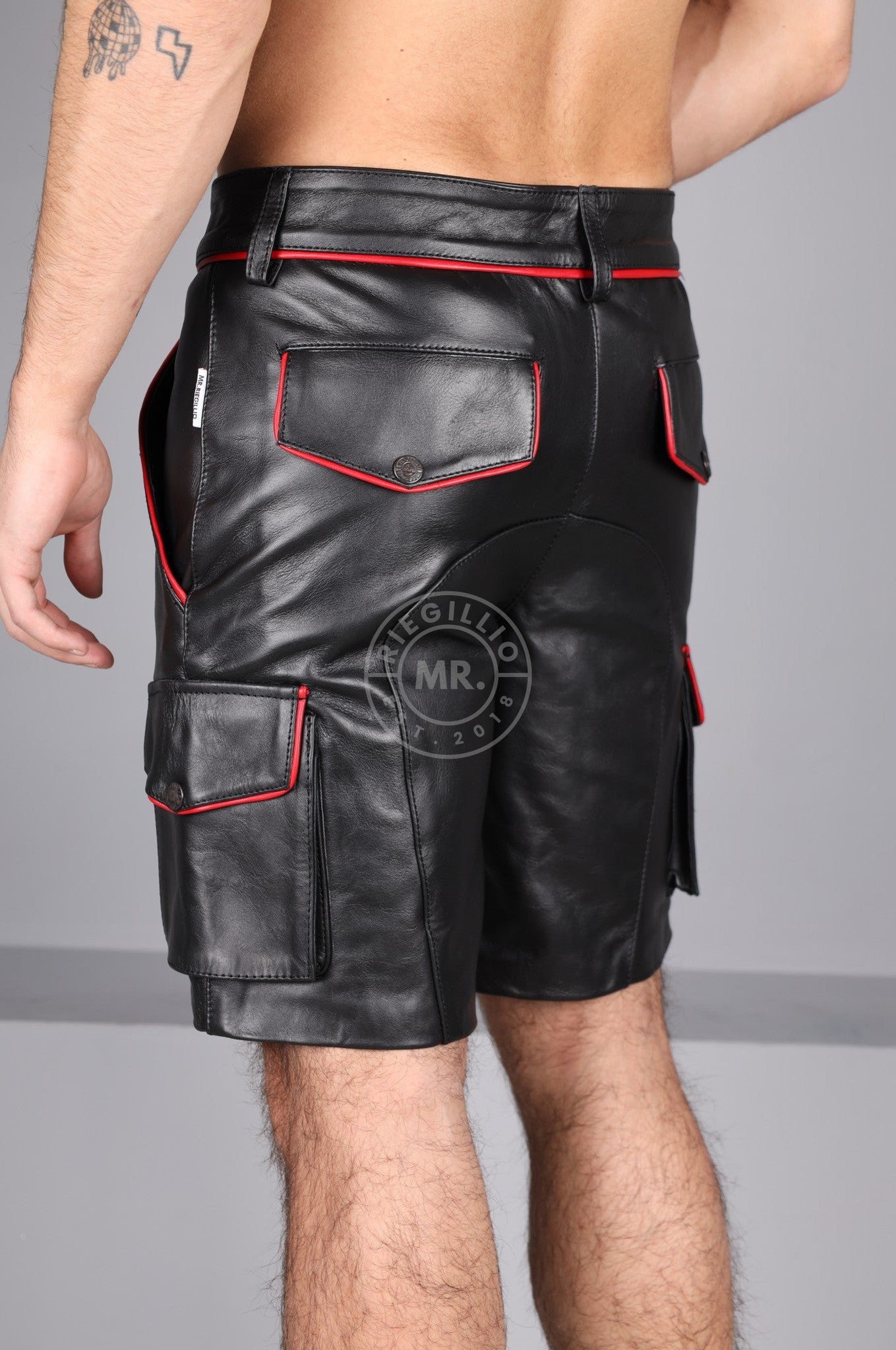 Black Leather Cargo Short - Red Piping at MR. Riegillio