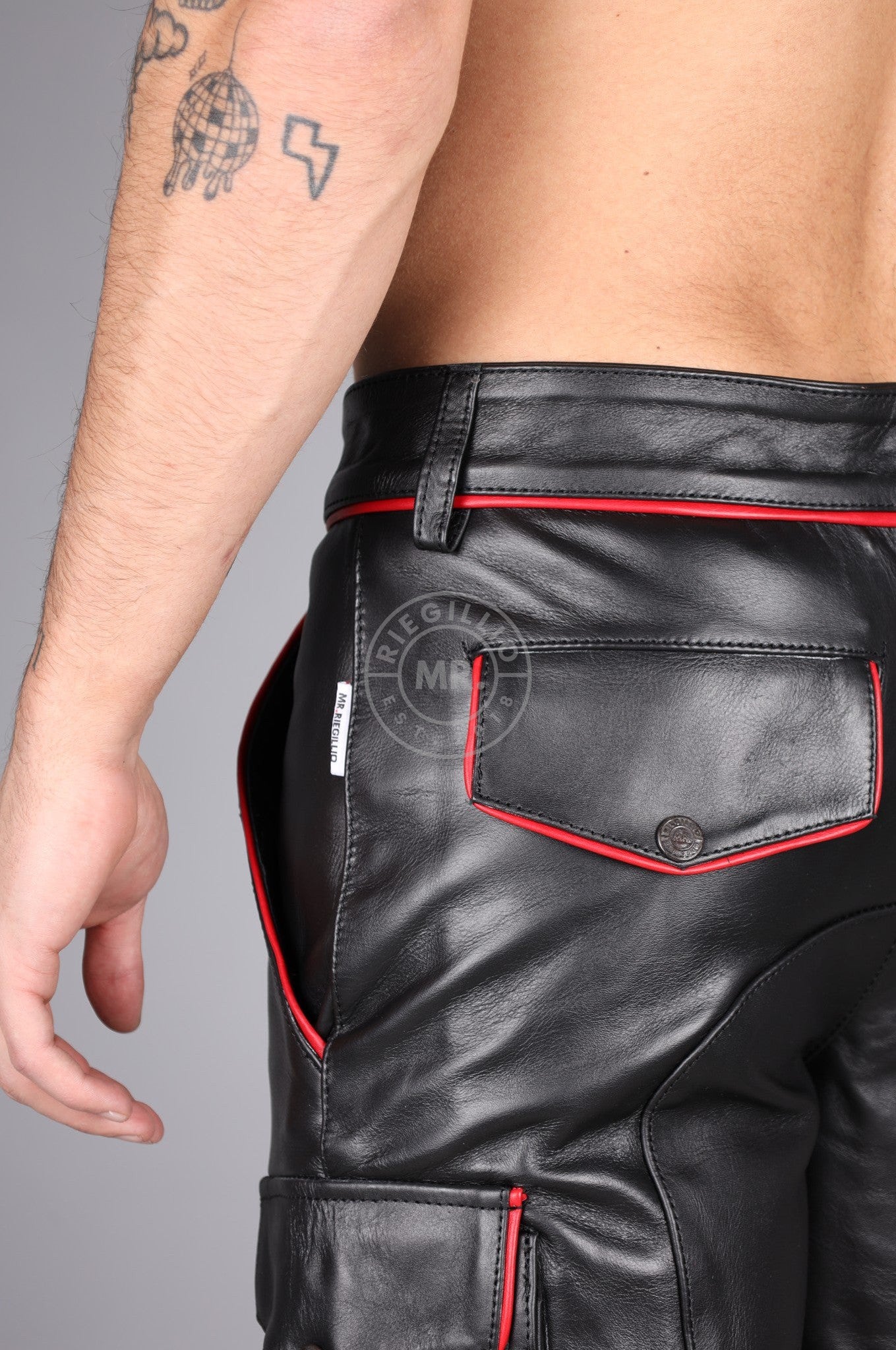 Black Leather Cargo Short - Red Piping at MR. Riegillio