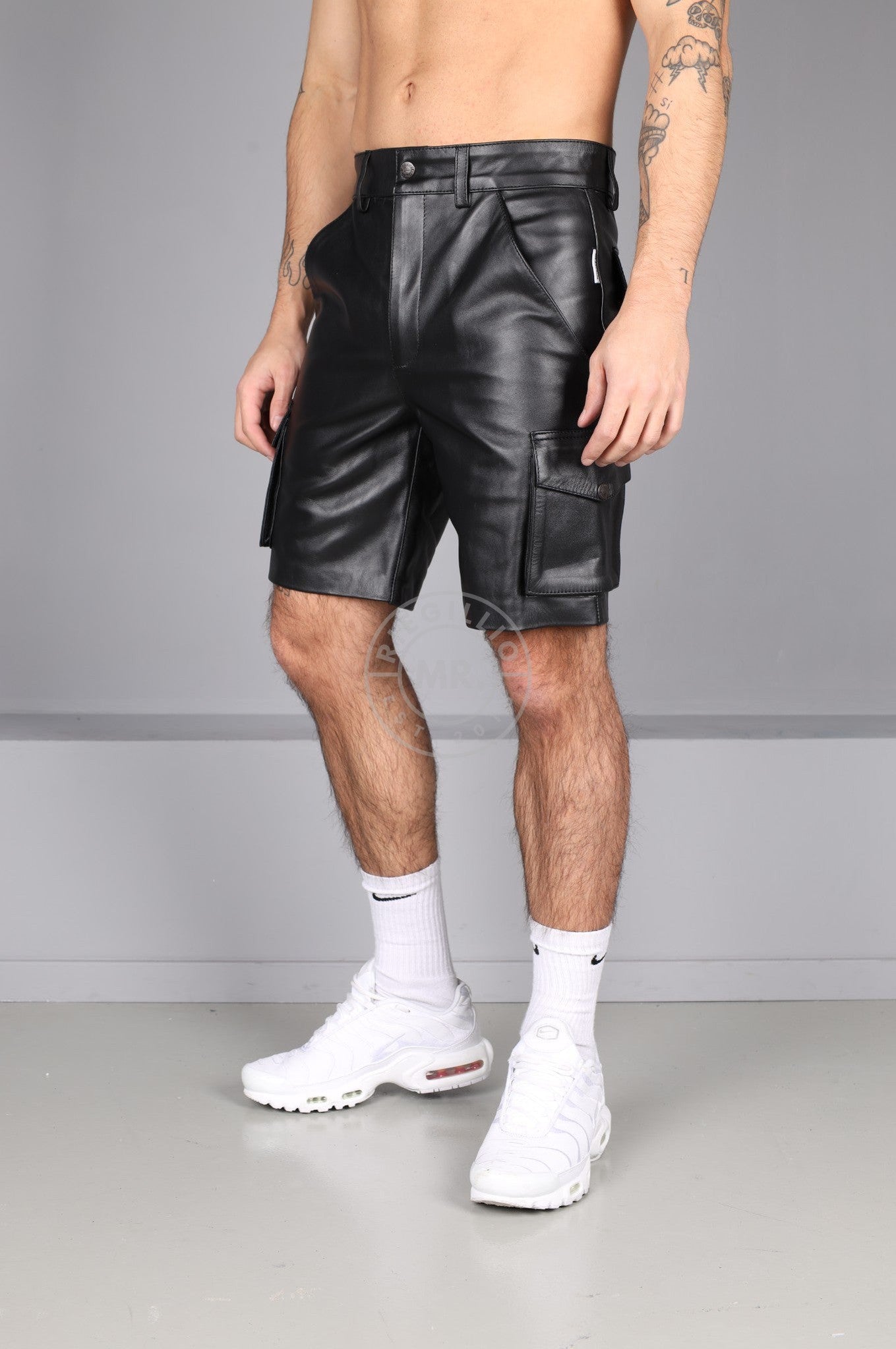 Black Leather Cargo Short at MR. Riegillio