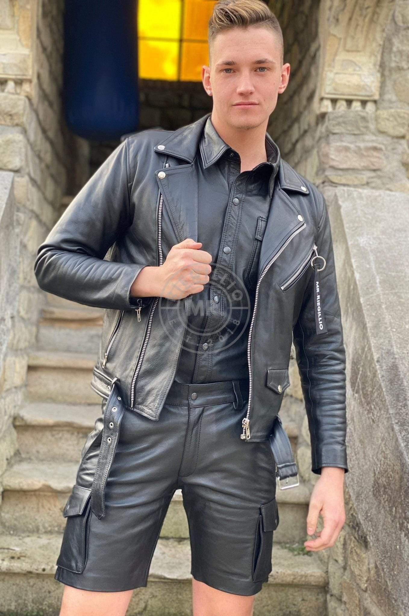 Black Leather Cargo Short at MR. Riegillio