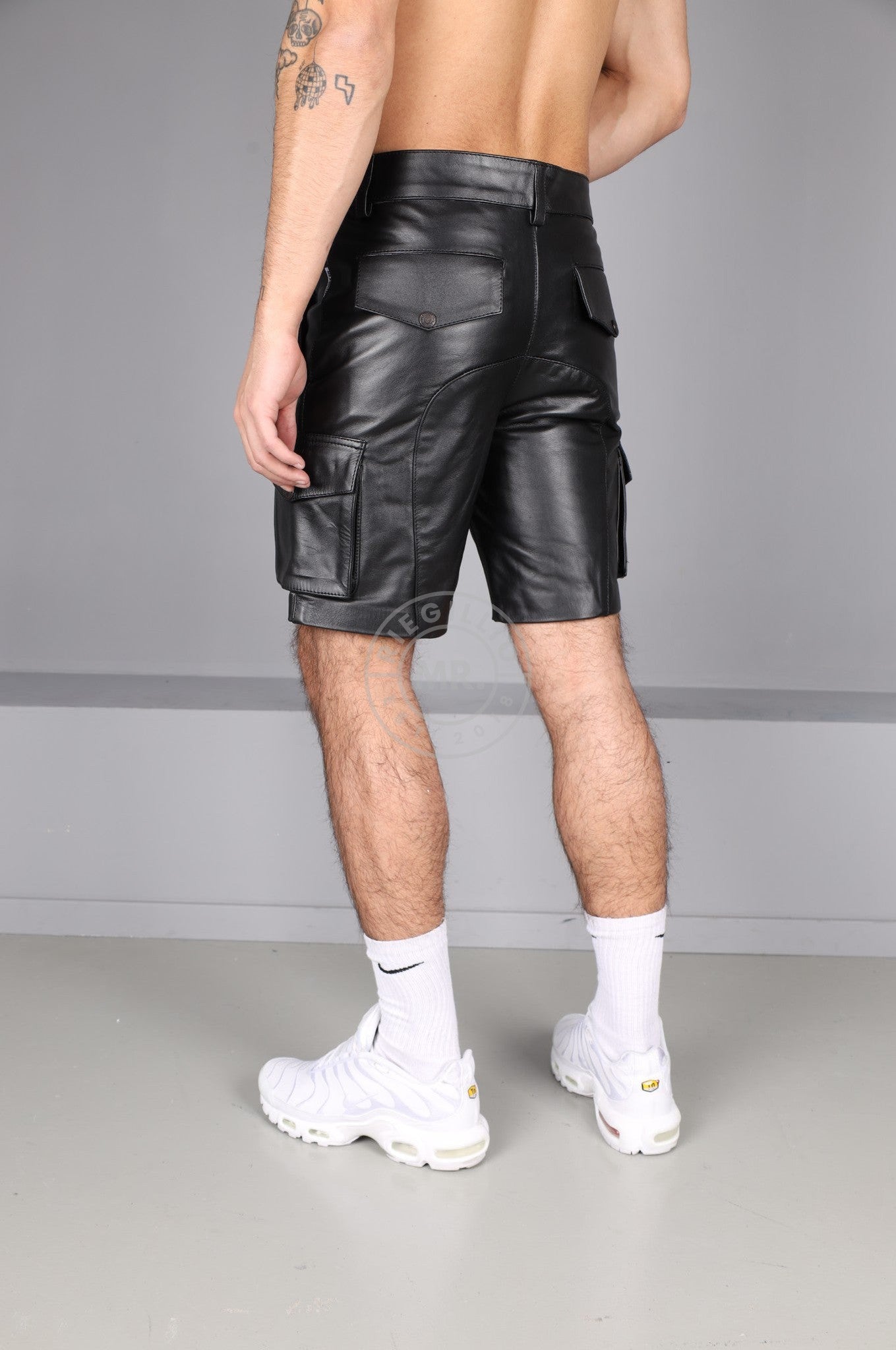 Black Leather Cargo Short at MR. Riegillio