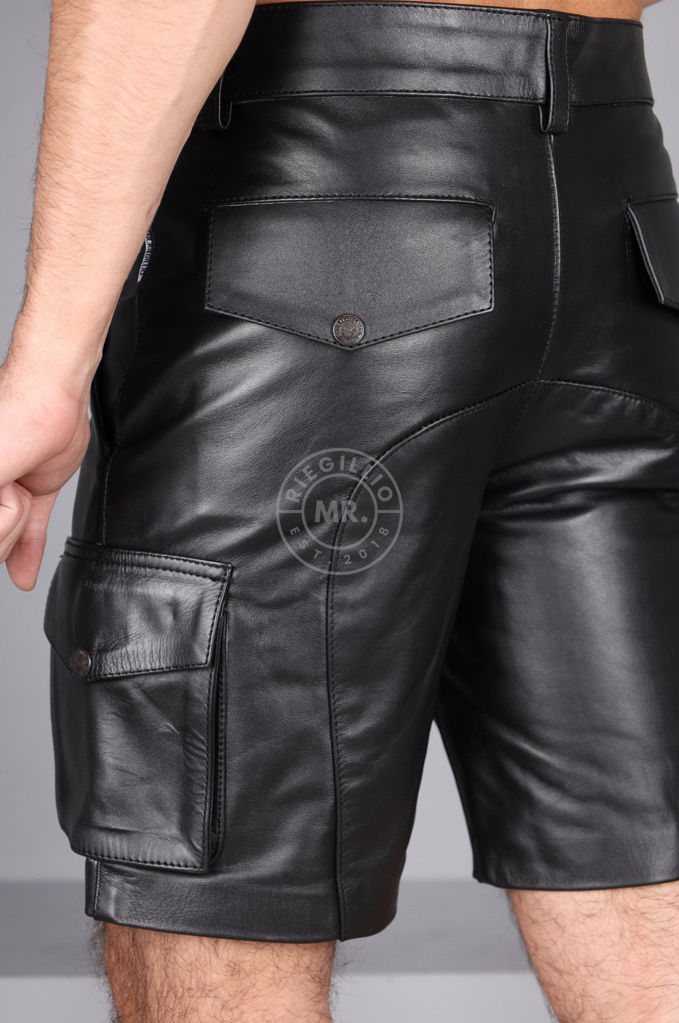 Black Leather Cargo Short at MR. Riegillio