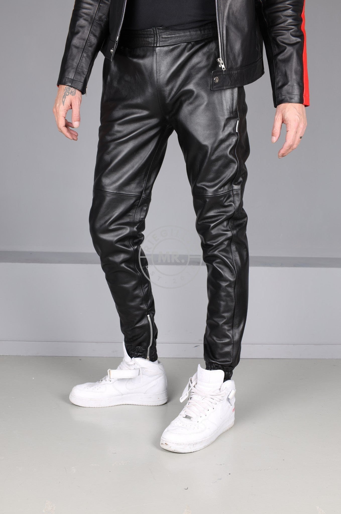 Black Leather Tracksuit Pants at MR. Riegillio