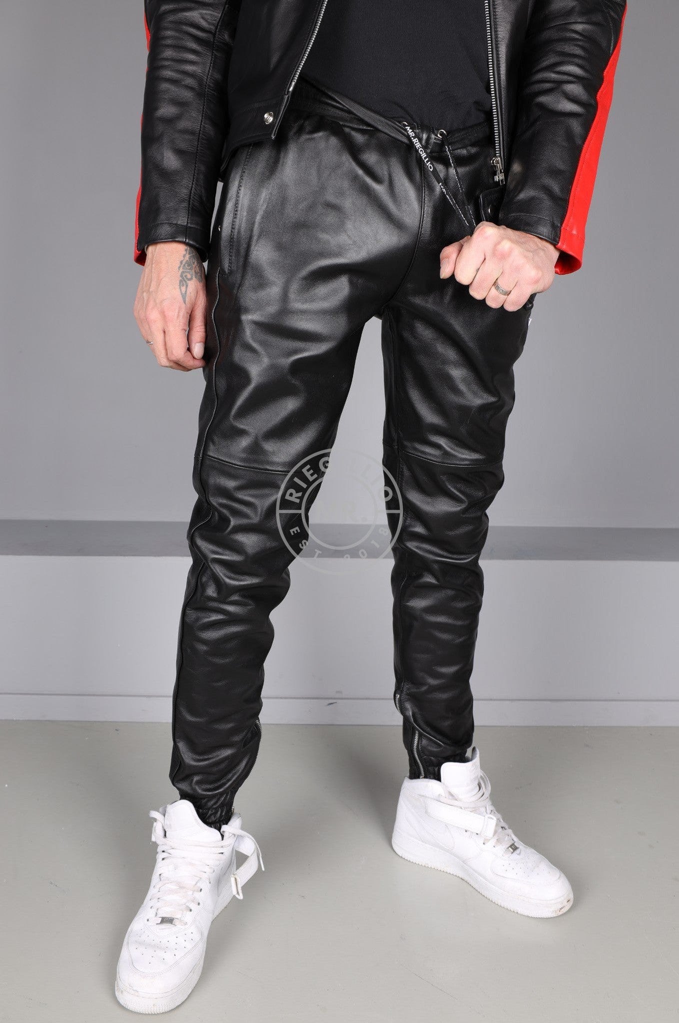 Black Leather Tracksuit Pants at MR. Riegillio