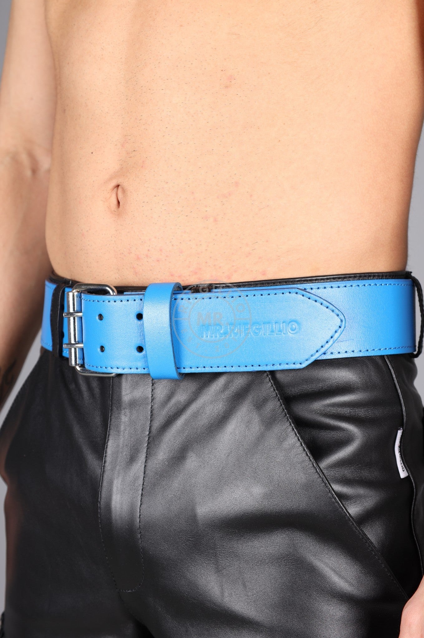 Bright Blue Leather Belt at MR. Riegillio