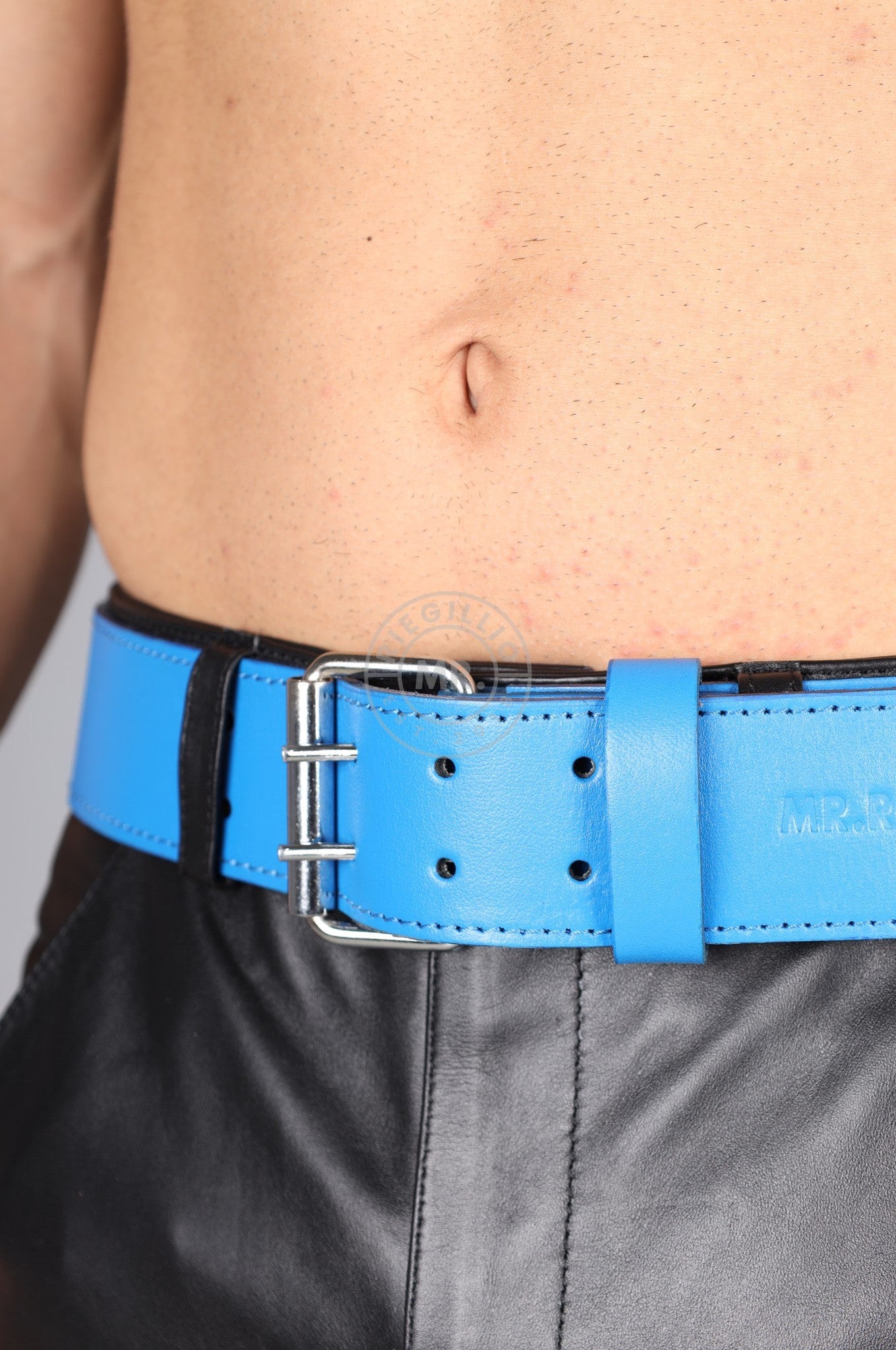 Bright Blue Leather Belt at MR. Riegillio