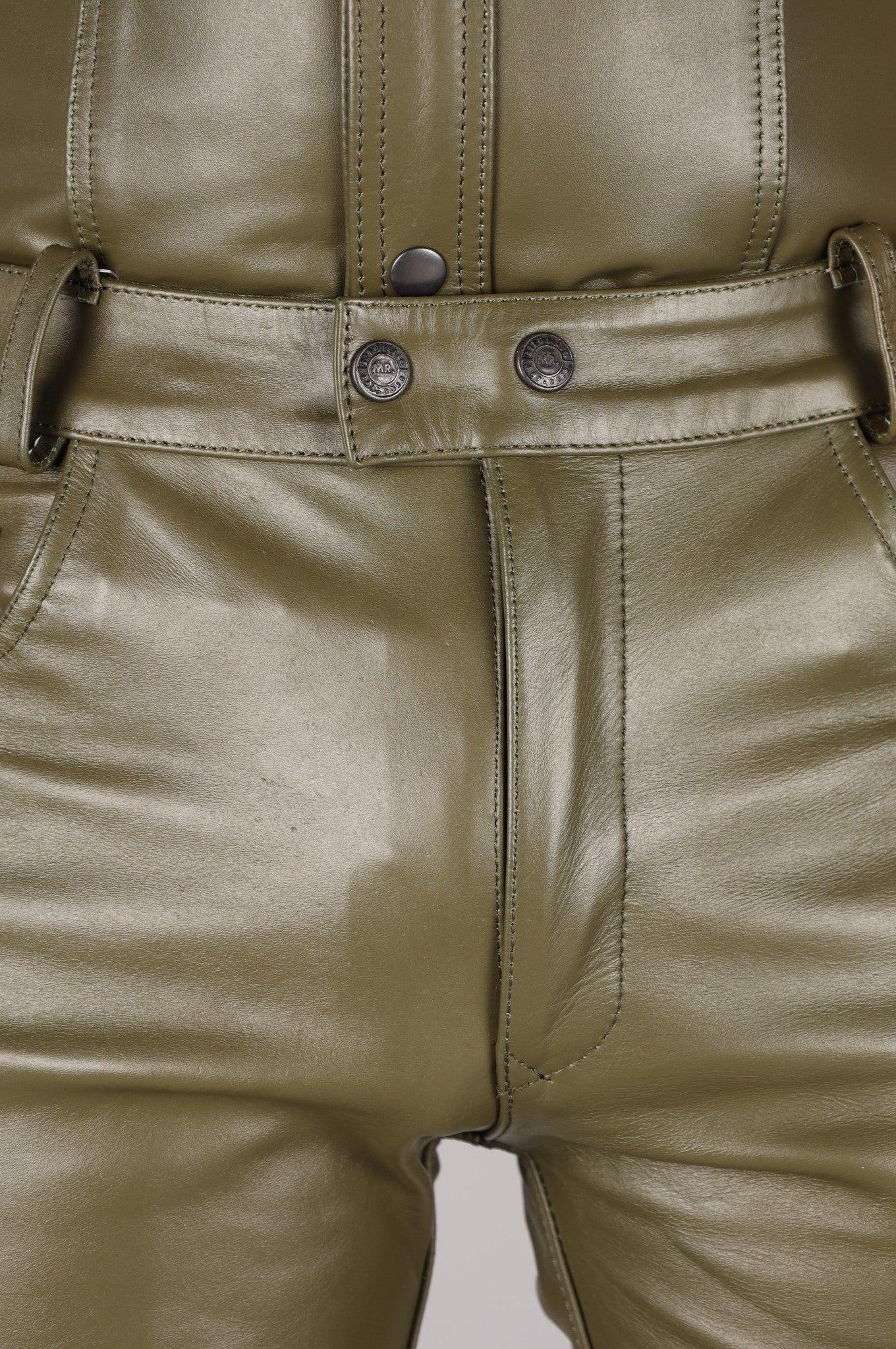 Army Green Leather 5 Pocket Pants at MR. Riegillio