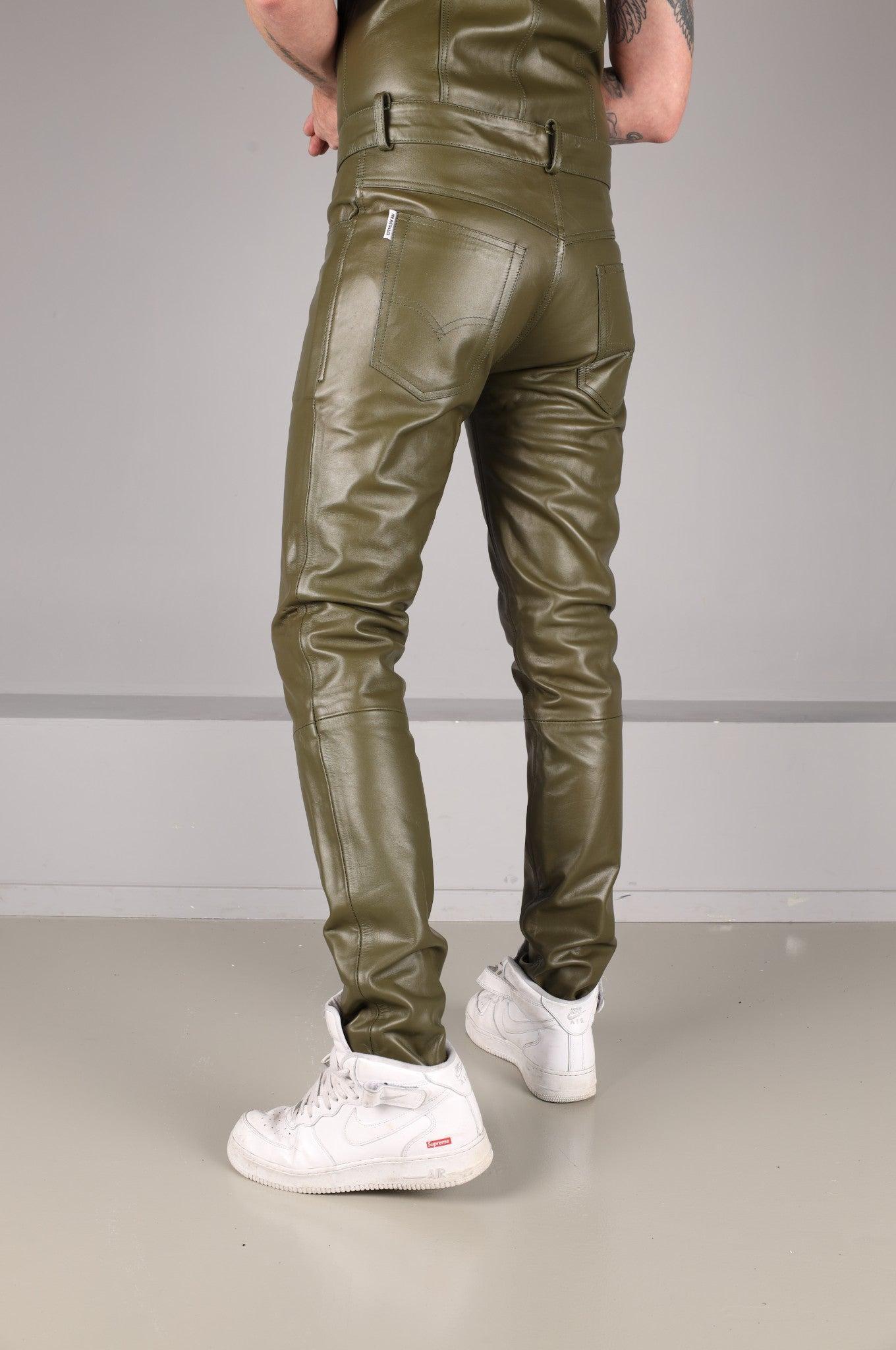 Army Green Leather 5 Pocket Pants at MR. Riegillio