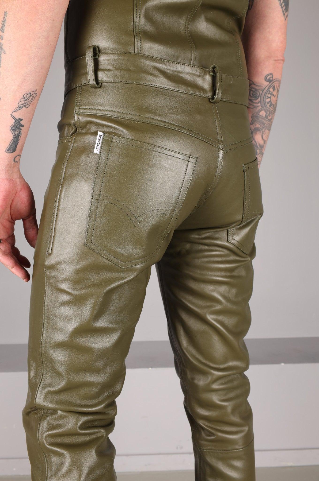Army Green Leather 5 Pocket Pants at MR. Riegillio