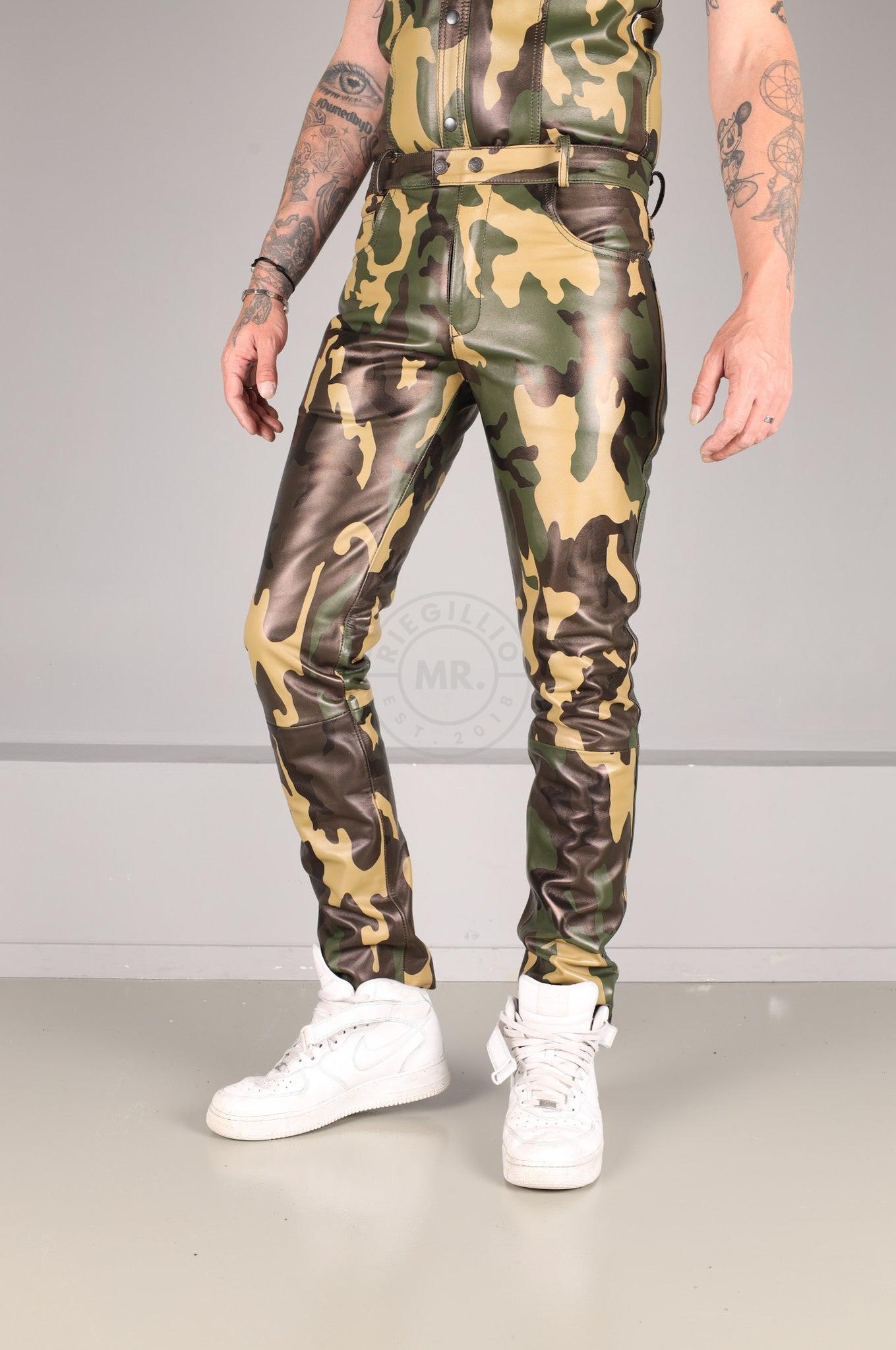 Green Camo Leather 5 Pocket Pants at MR. Riegillio