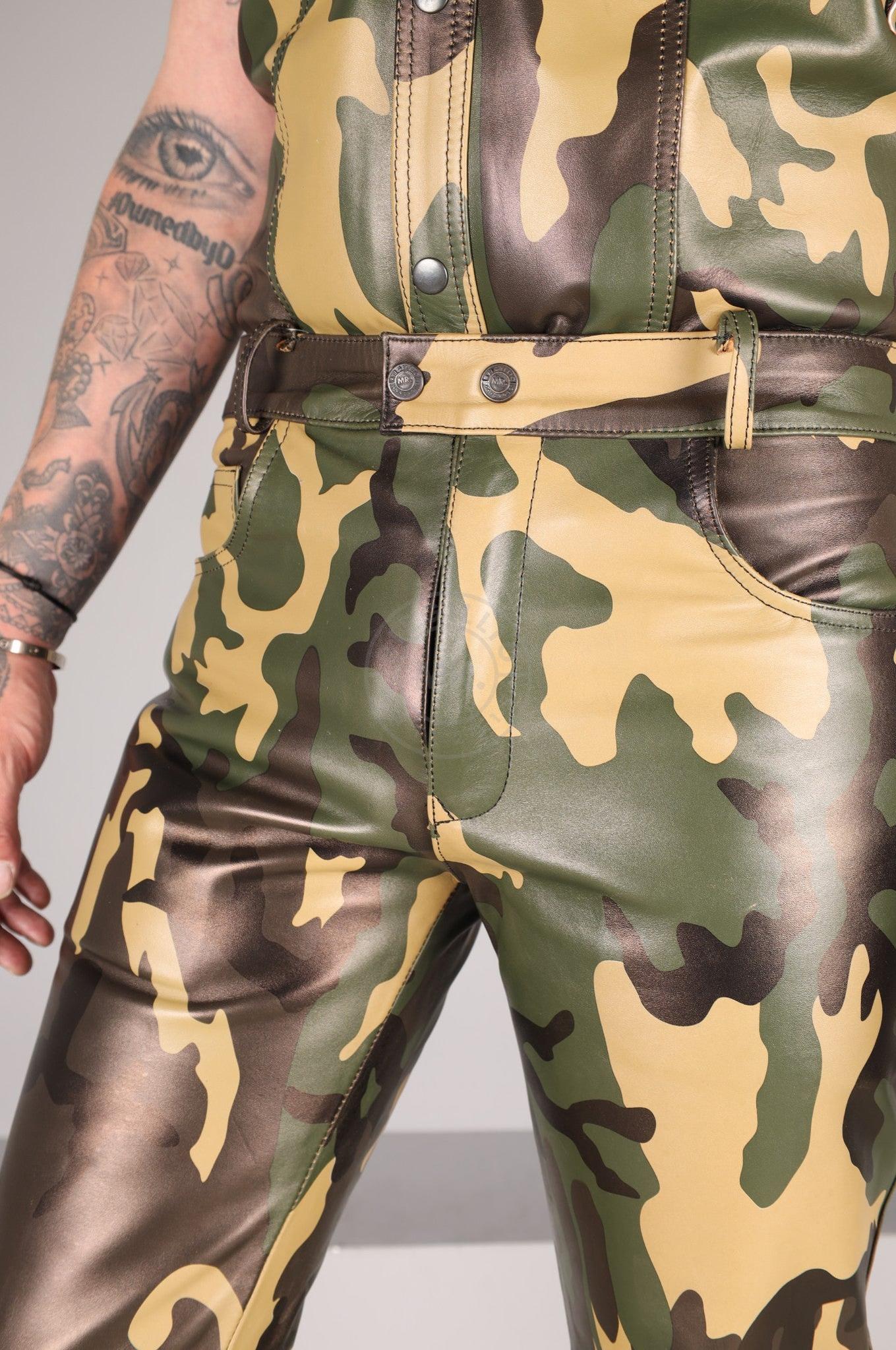 Green Camo Leather 5 Pocket Pants at MR. Riegillio