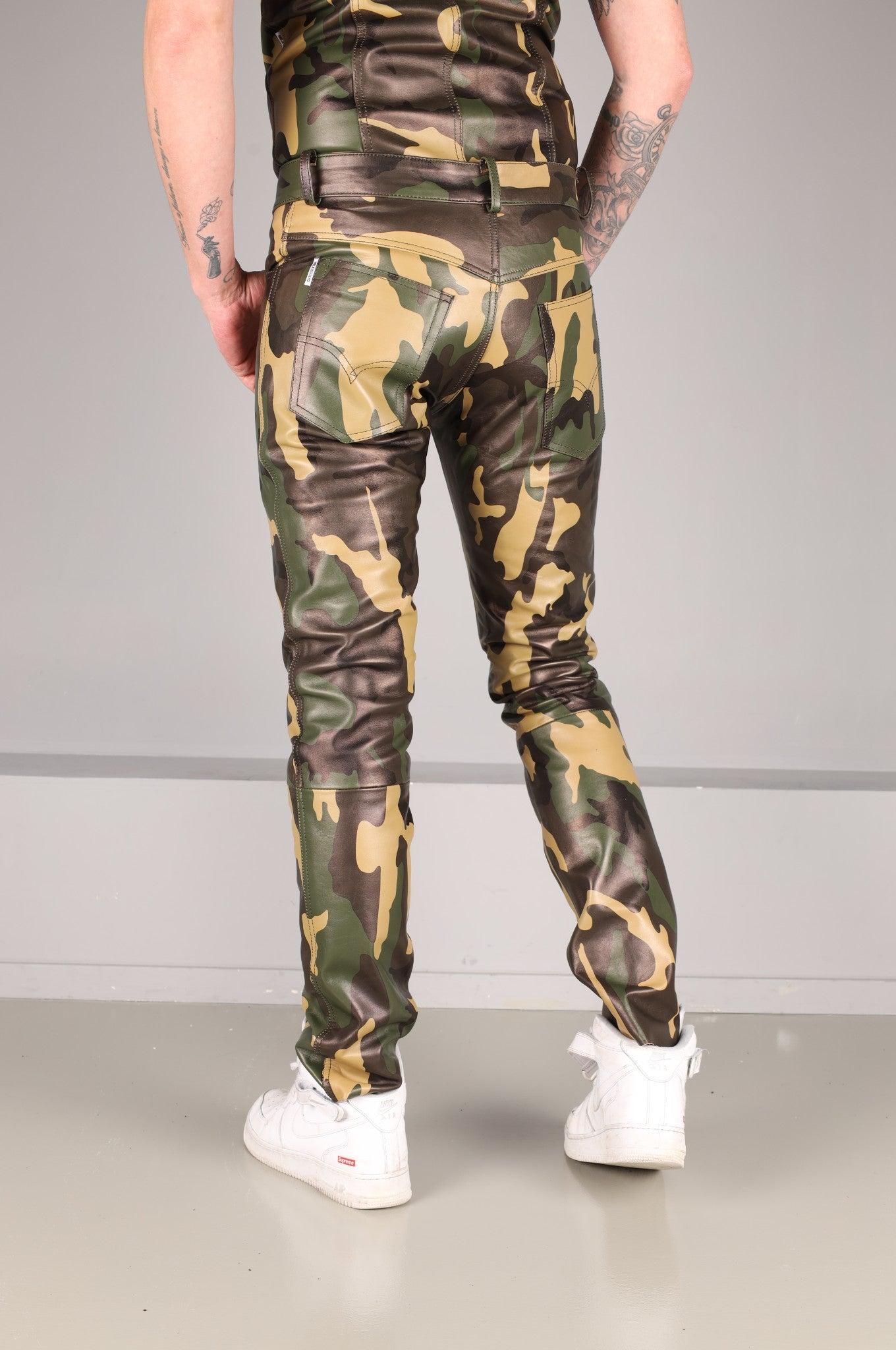 Green Camo Leather 5 Pocket Pants at MR. Riegillio