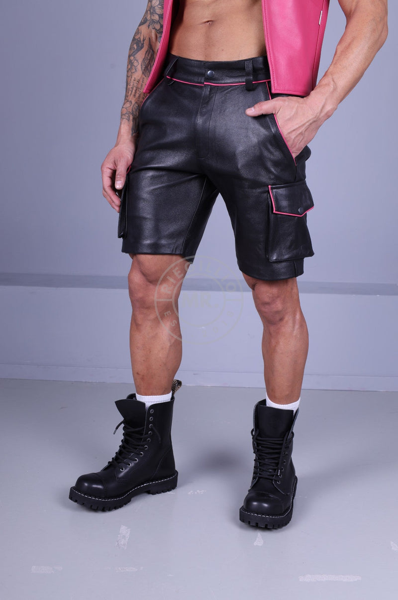 Black Leather Cargo Short - Pink Piping at MR. Riegillio