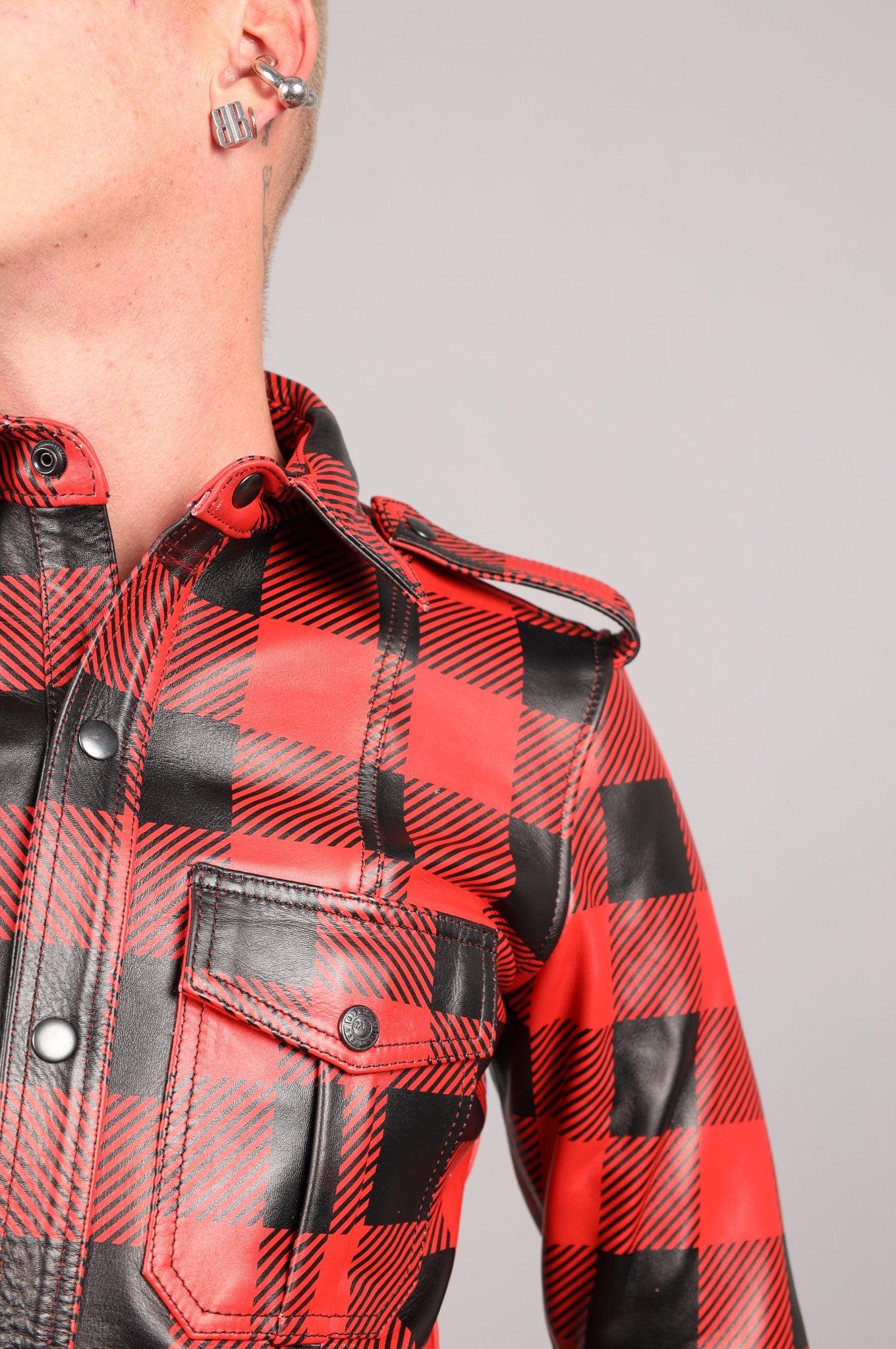 Red Flannel Leather Long Sleeve Shirt at MR. Riegillio